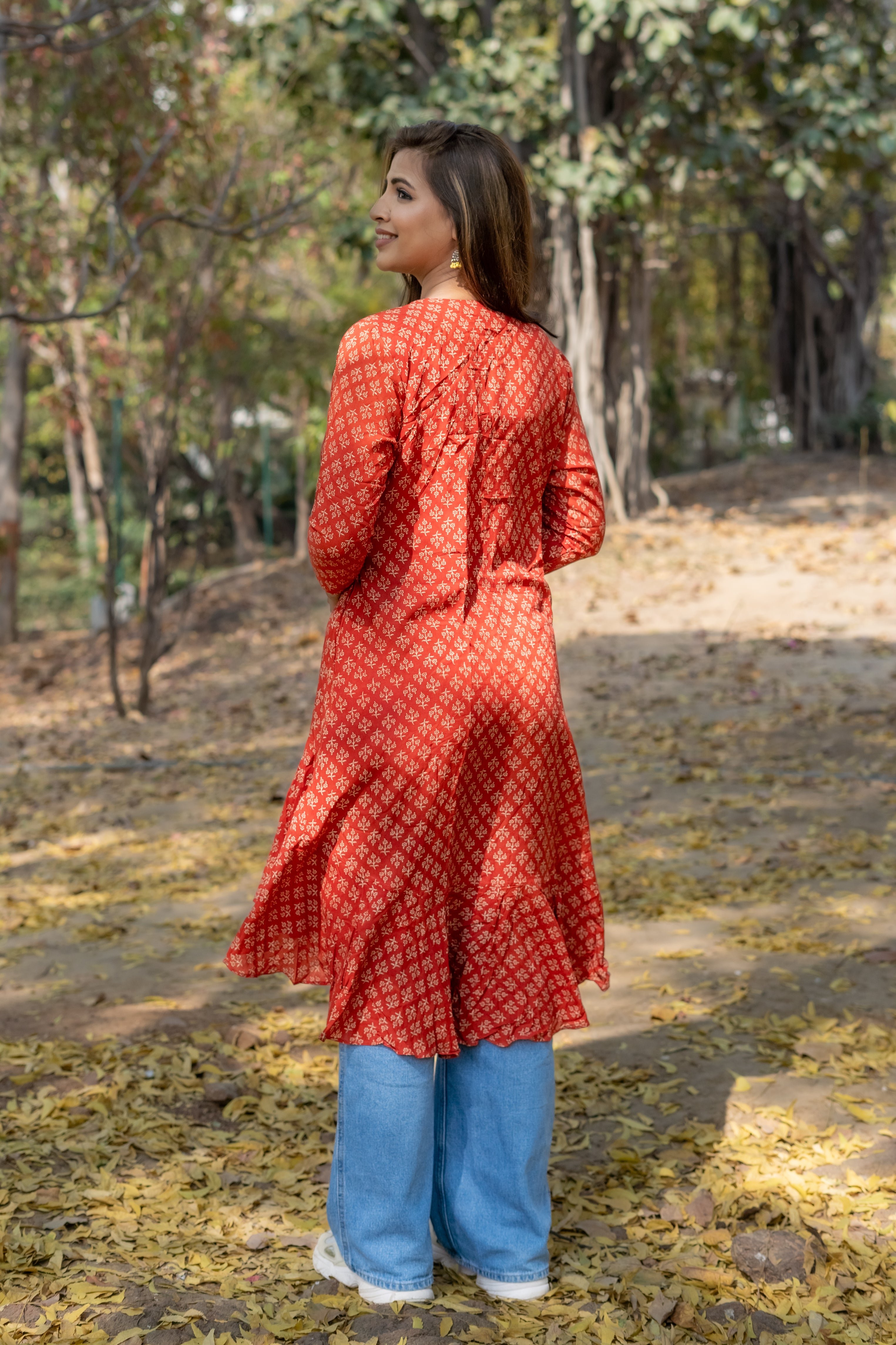 Red bagru handblock print modal cotton hi-lo shrug