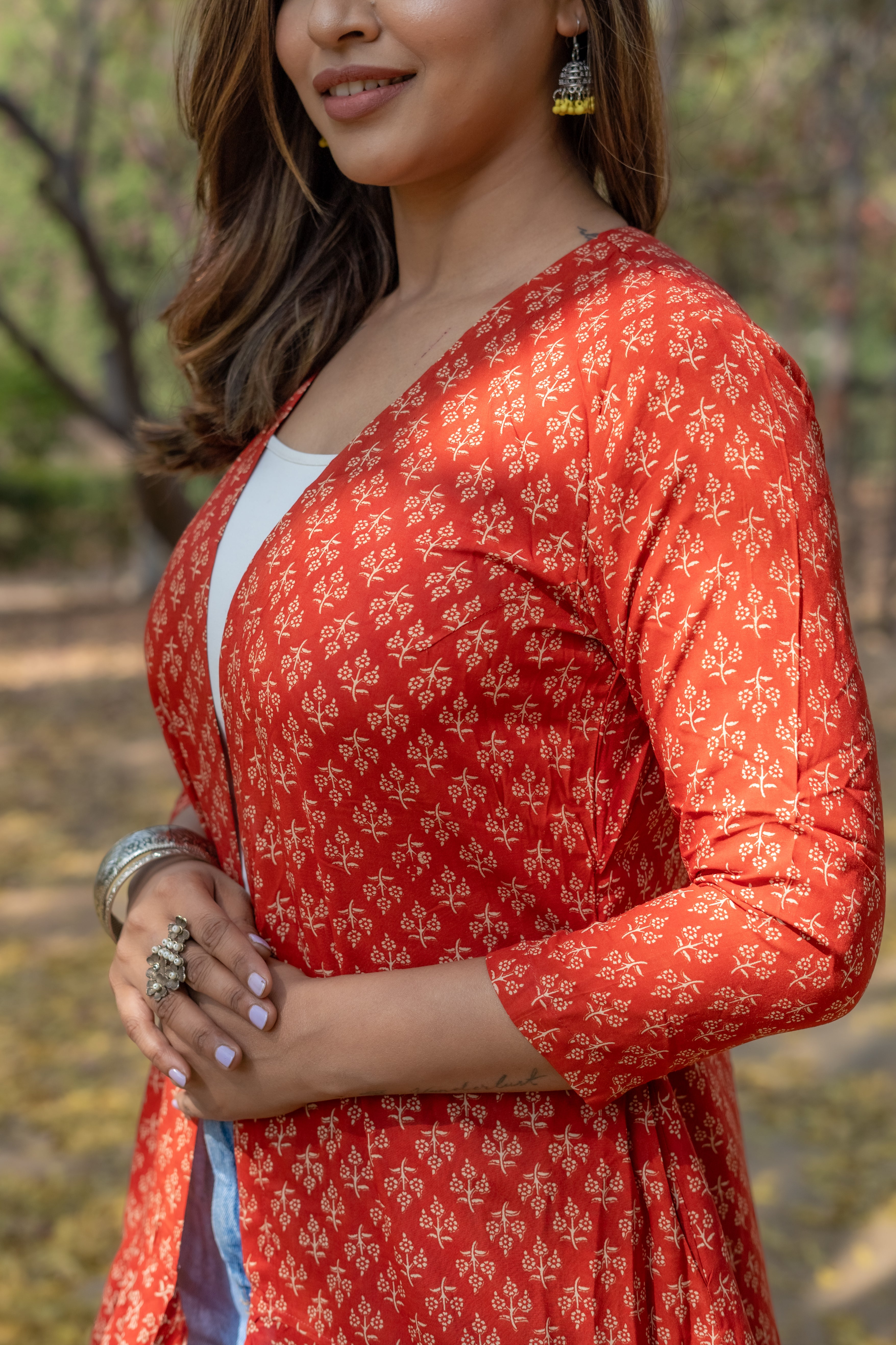 Red bagru handblock print modal cotton hi-lo shrug