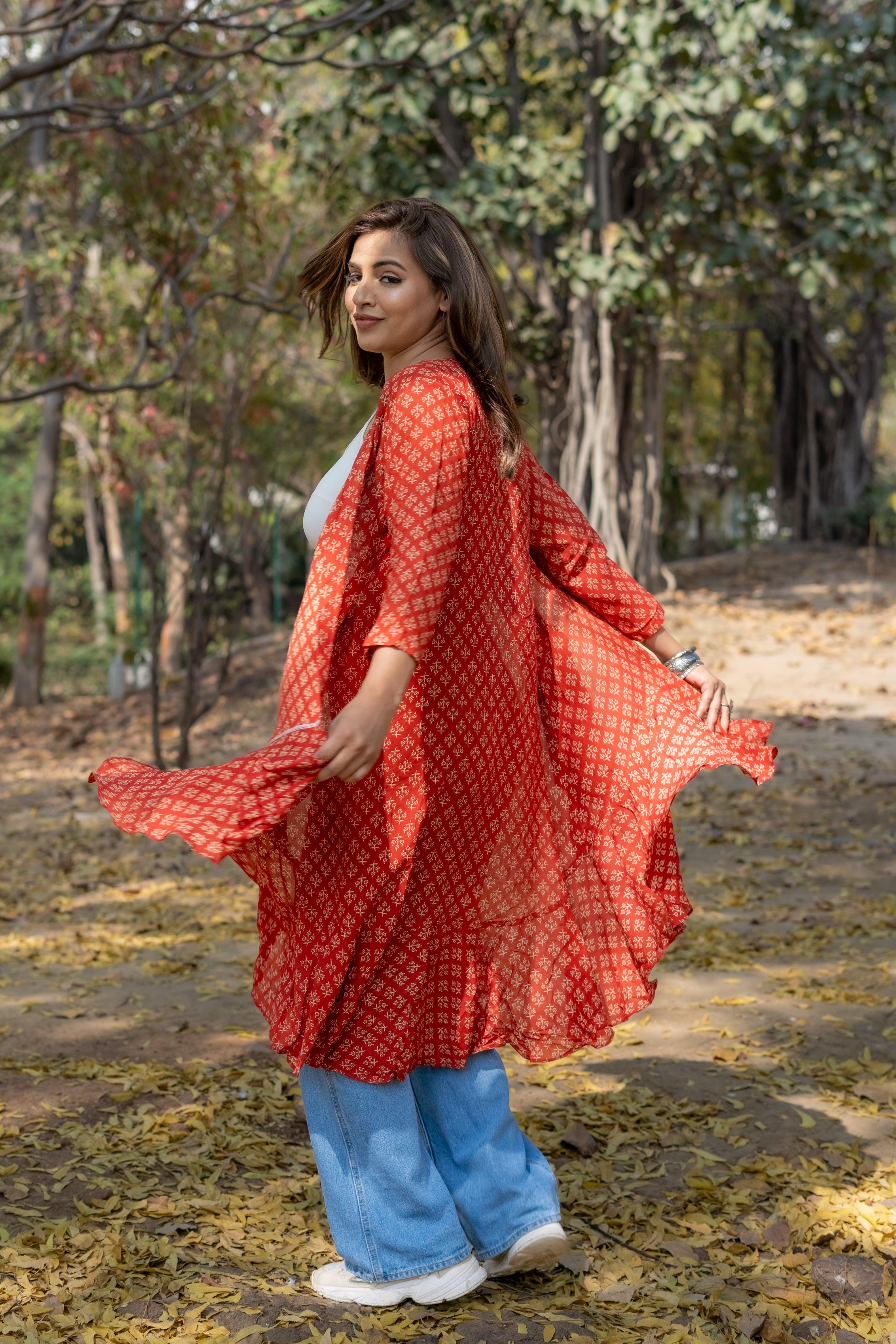 Red bagru handblock print modal cotton hi-lo shrug