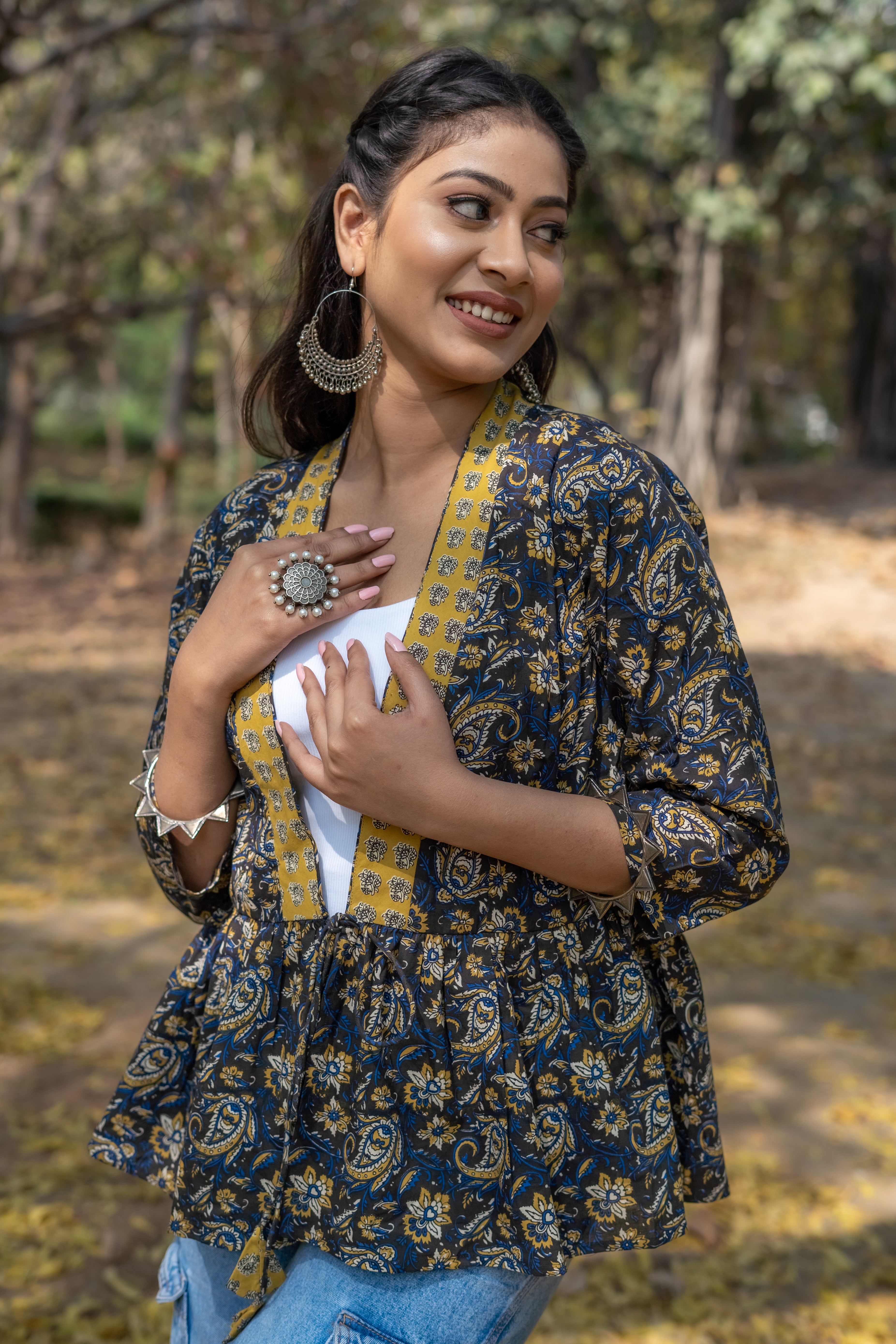 Bagru kalamkari handblock print peplum style short cotton shrug