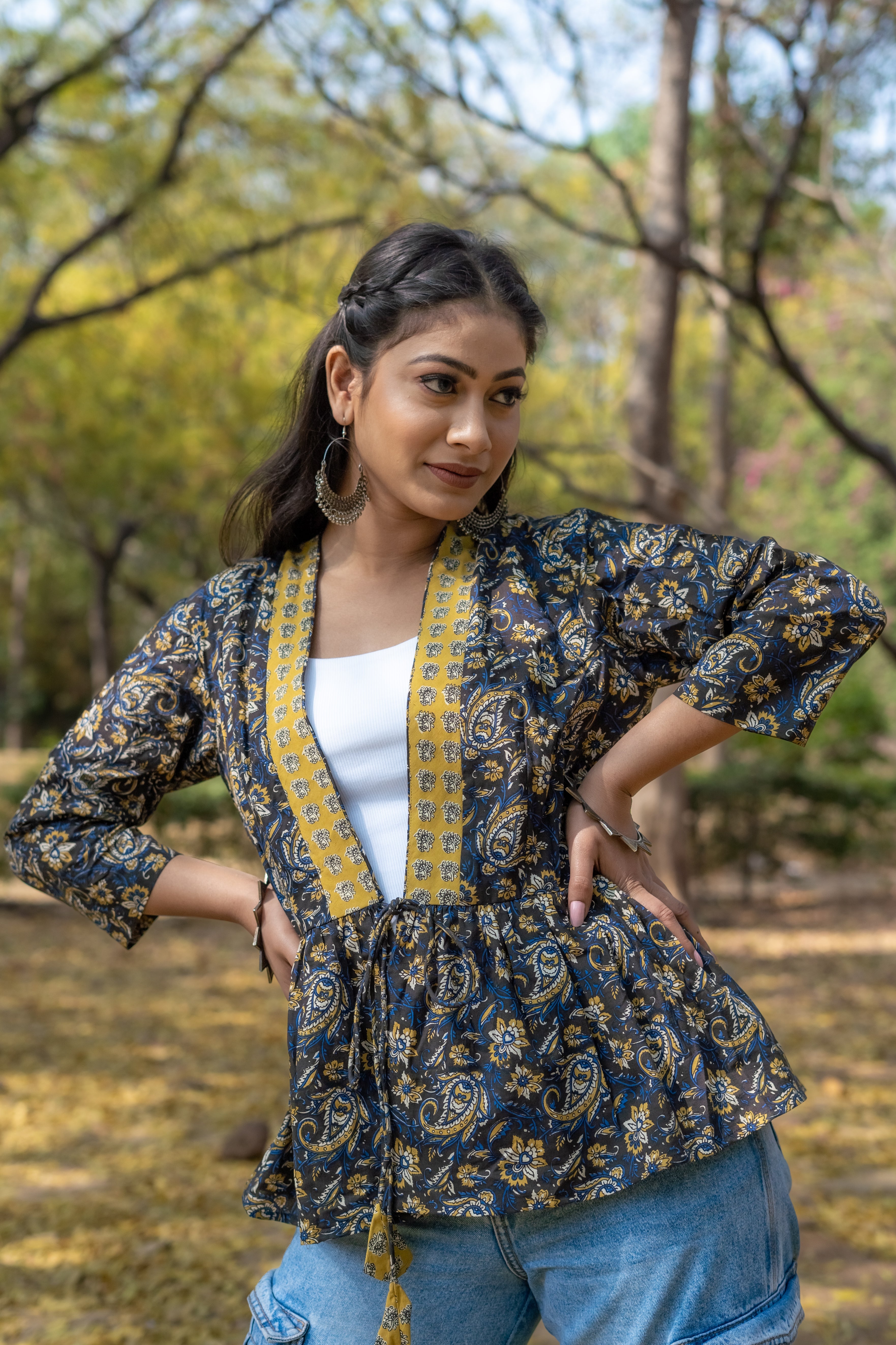 Bagru kalamkari handblock print peplum style short cotton shrug