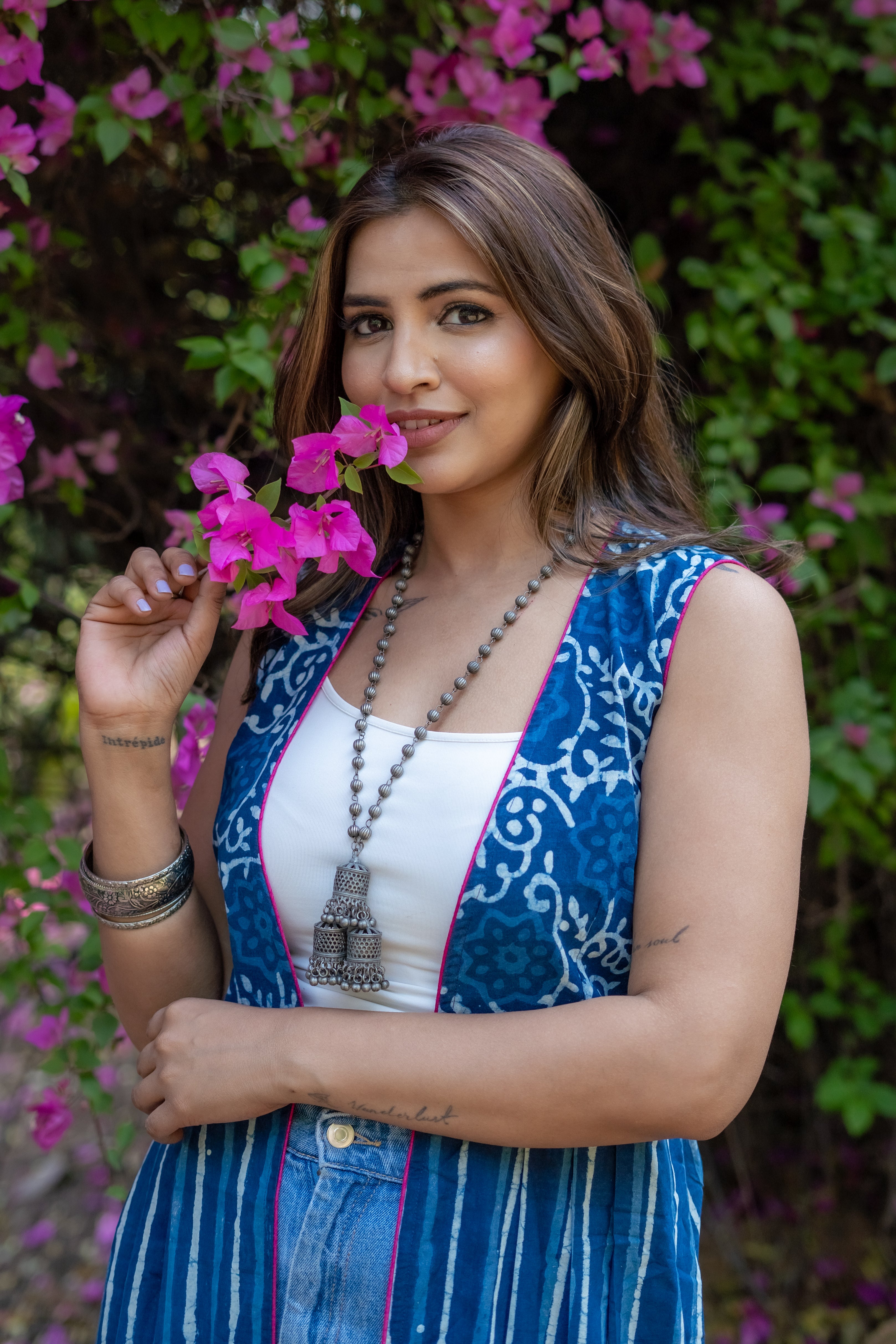 Indigo dabu handblock print long cotton shrug with fuschia pink piping
