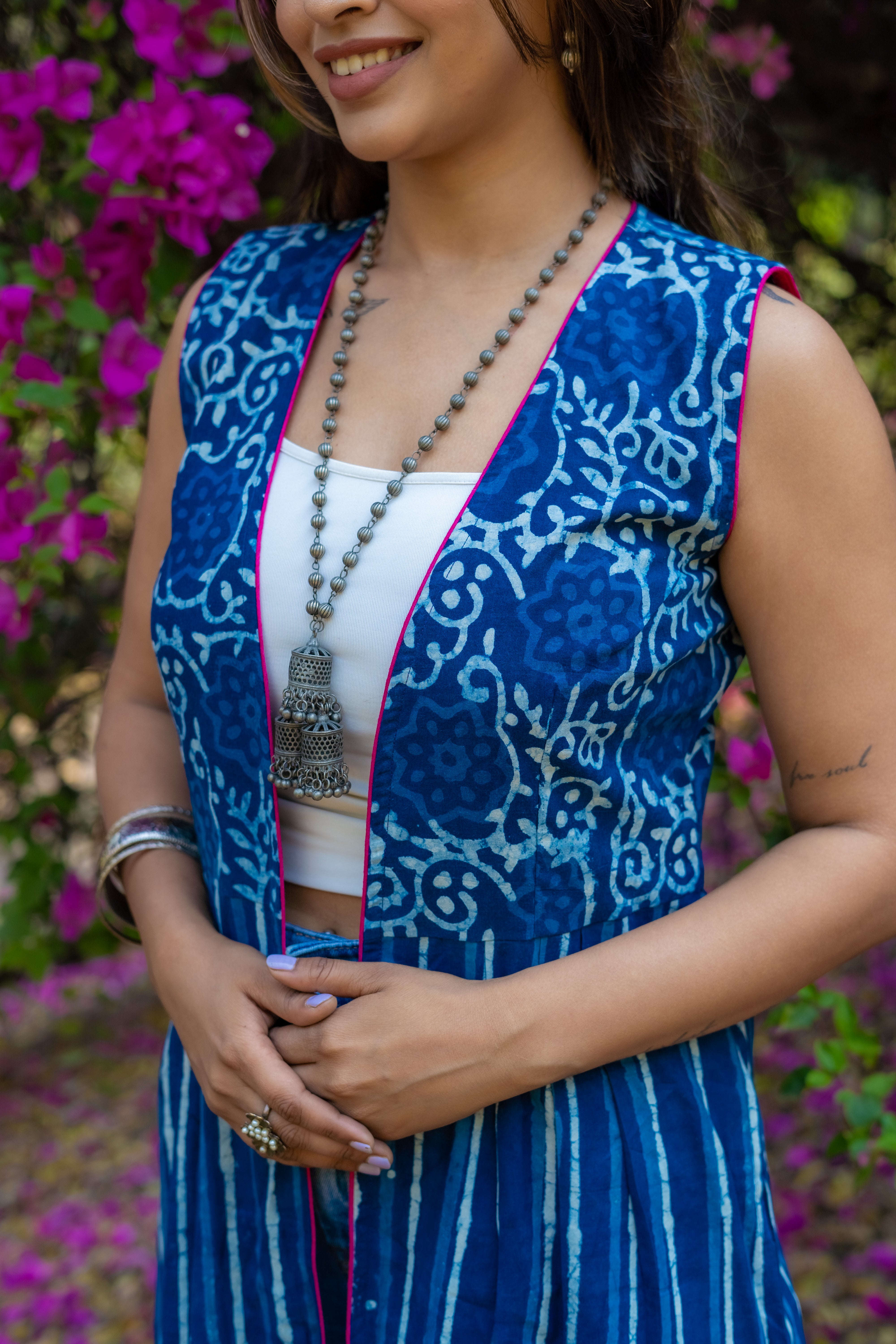 Indigo dabu handblock print long cotton shrug with fuschia pink piping