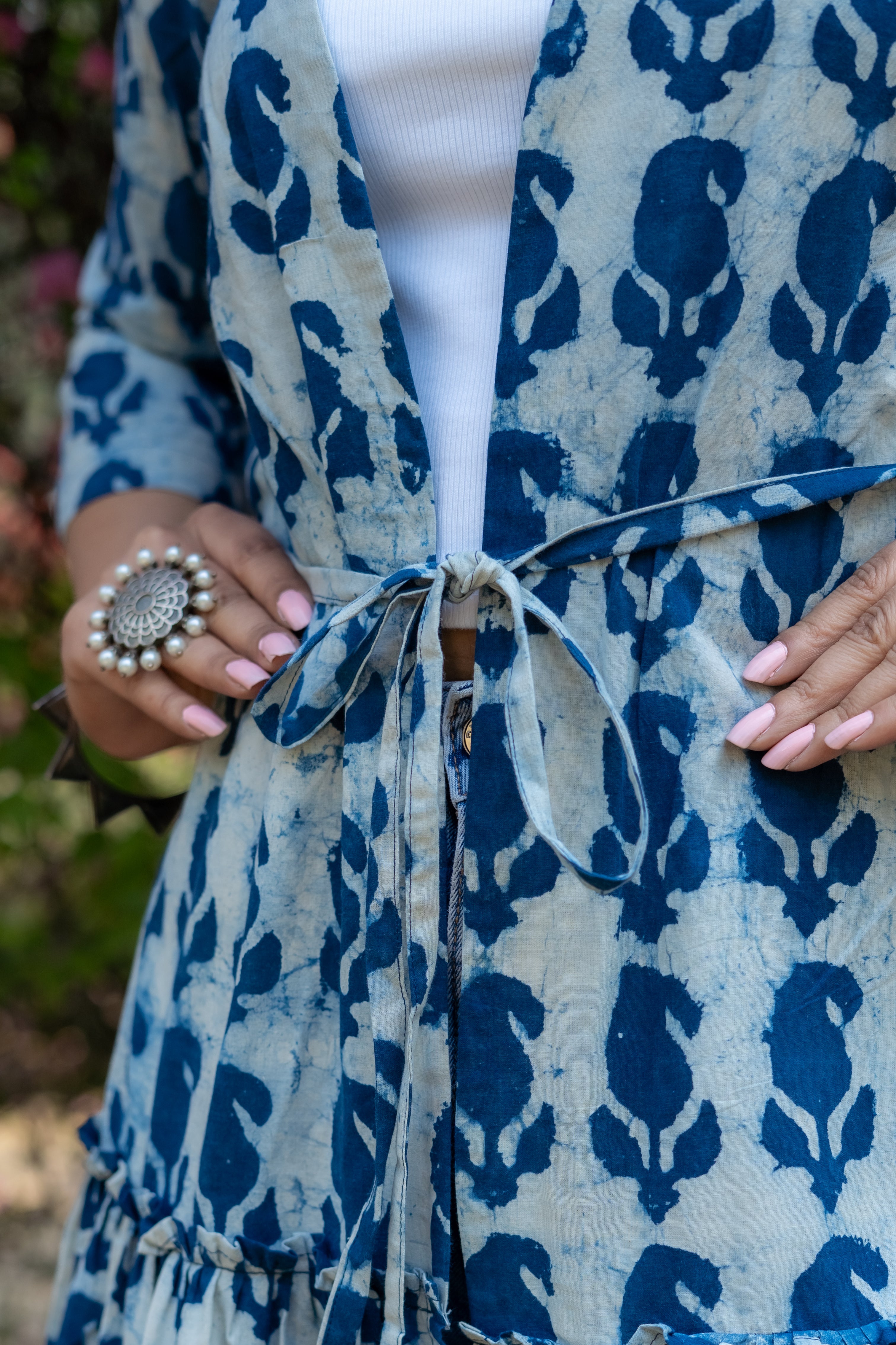 Indigo Dabu paisley handblock print flare cotton shrug