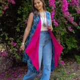 Indigo dabu handblock print waterfall cotton shrug with pink collar