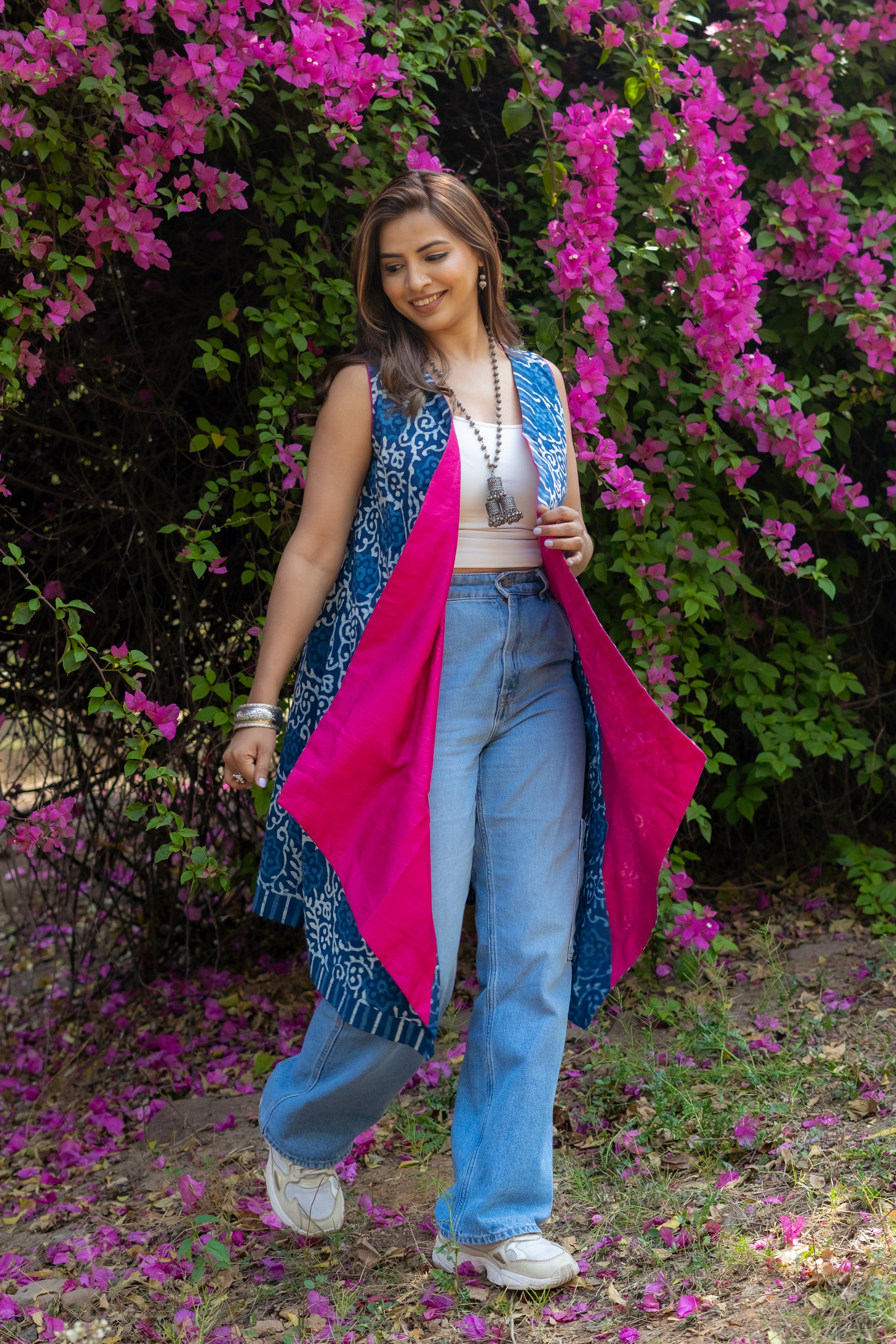 Indigo dabu handblock print waterfall cotton  shrug with pink collar