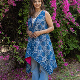 Indigo dabu handblock print waterfall cotton shrug with pink collar