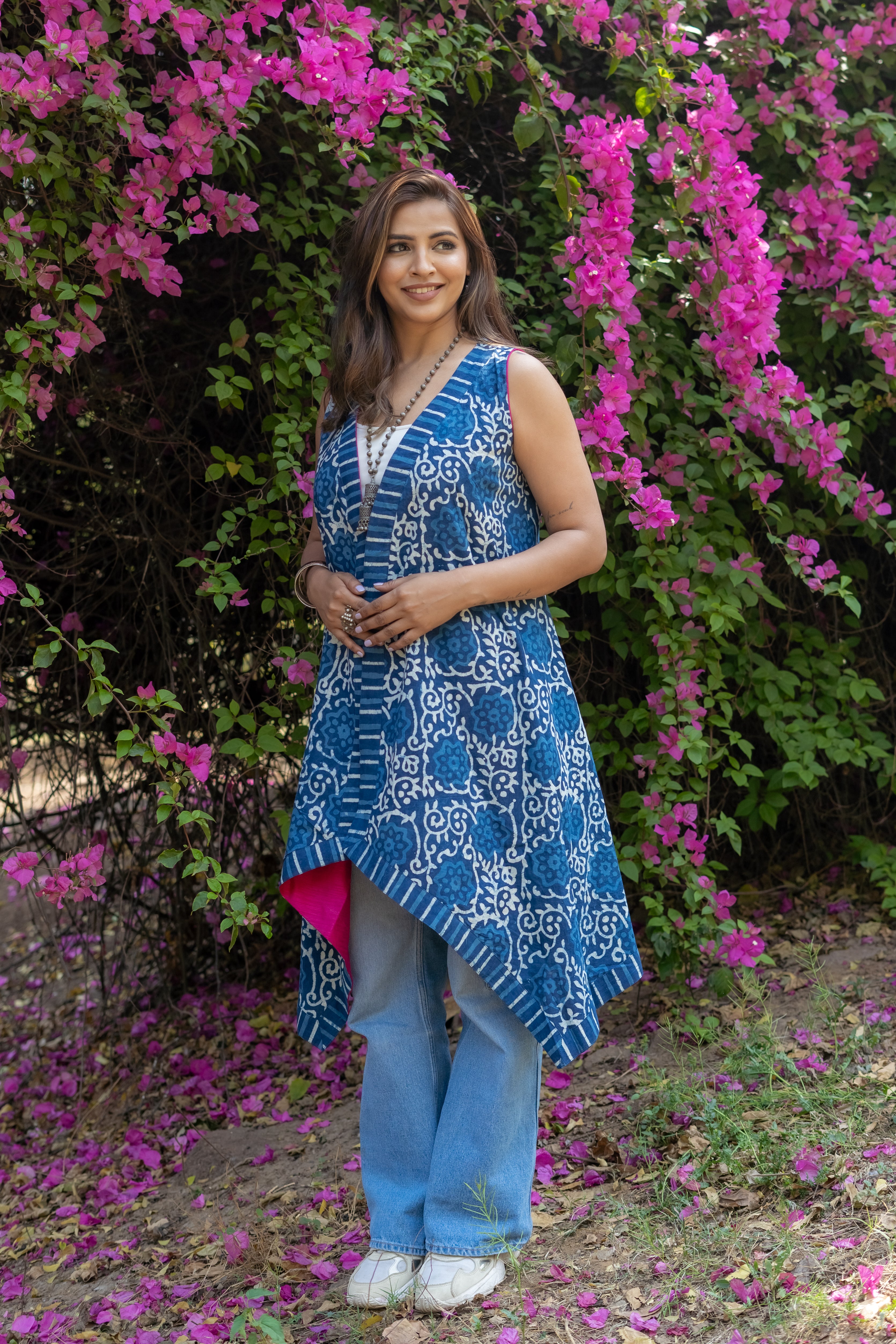 Indigo dabu handblock print waterfall cotton  shrug with pink collar
