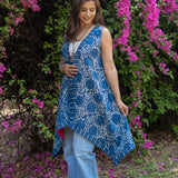 Indigo dabu handblock print waterfall cotton shrug with pink collar
