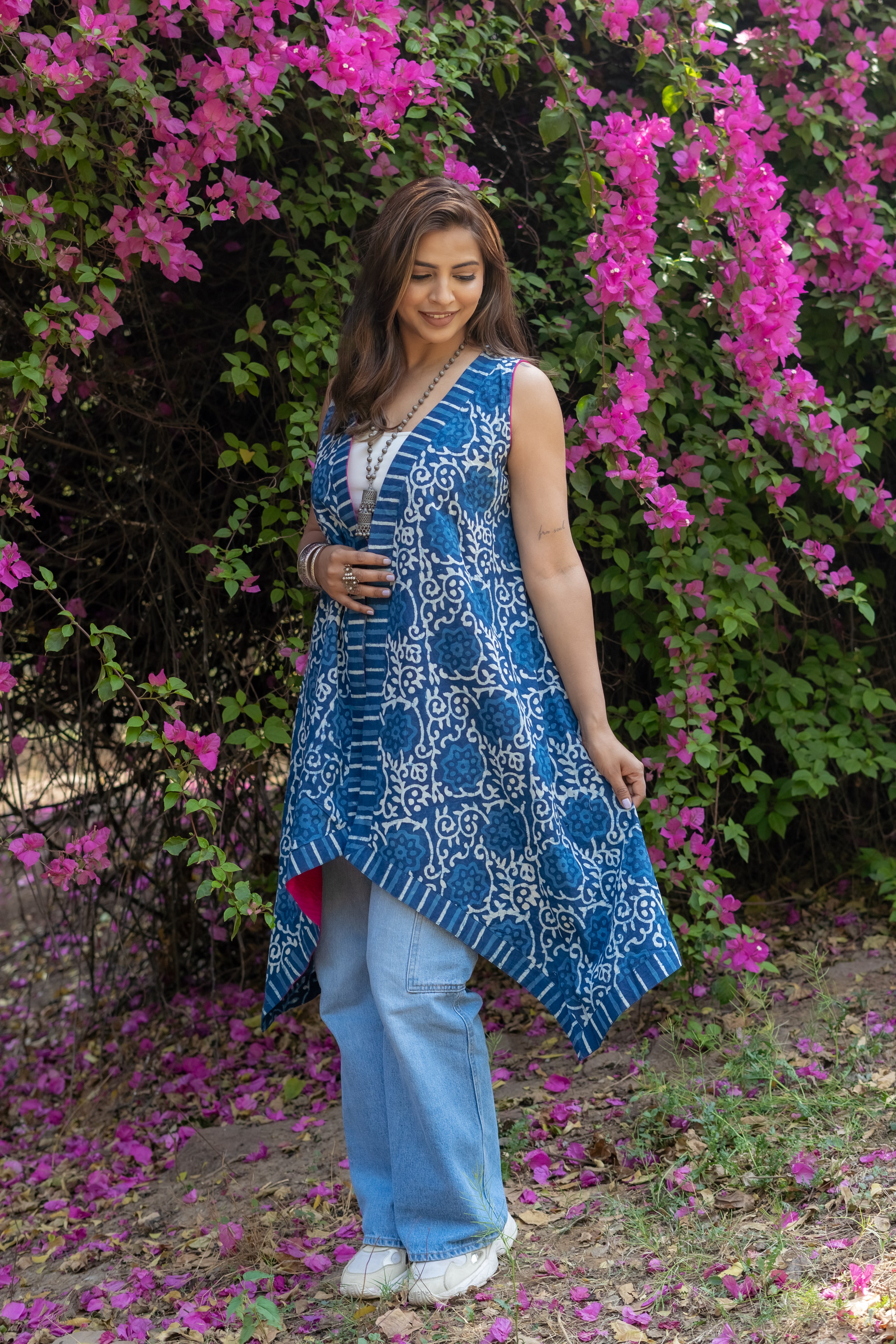 Indigo dabu handblock print waterfall cotton  shrug with pink collar