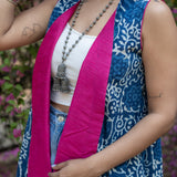 Indigo dabu handblock print waterfall cotton shrug with pink collar