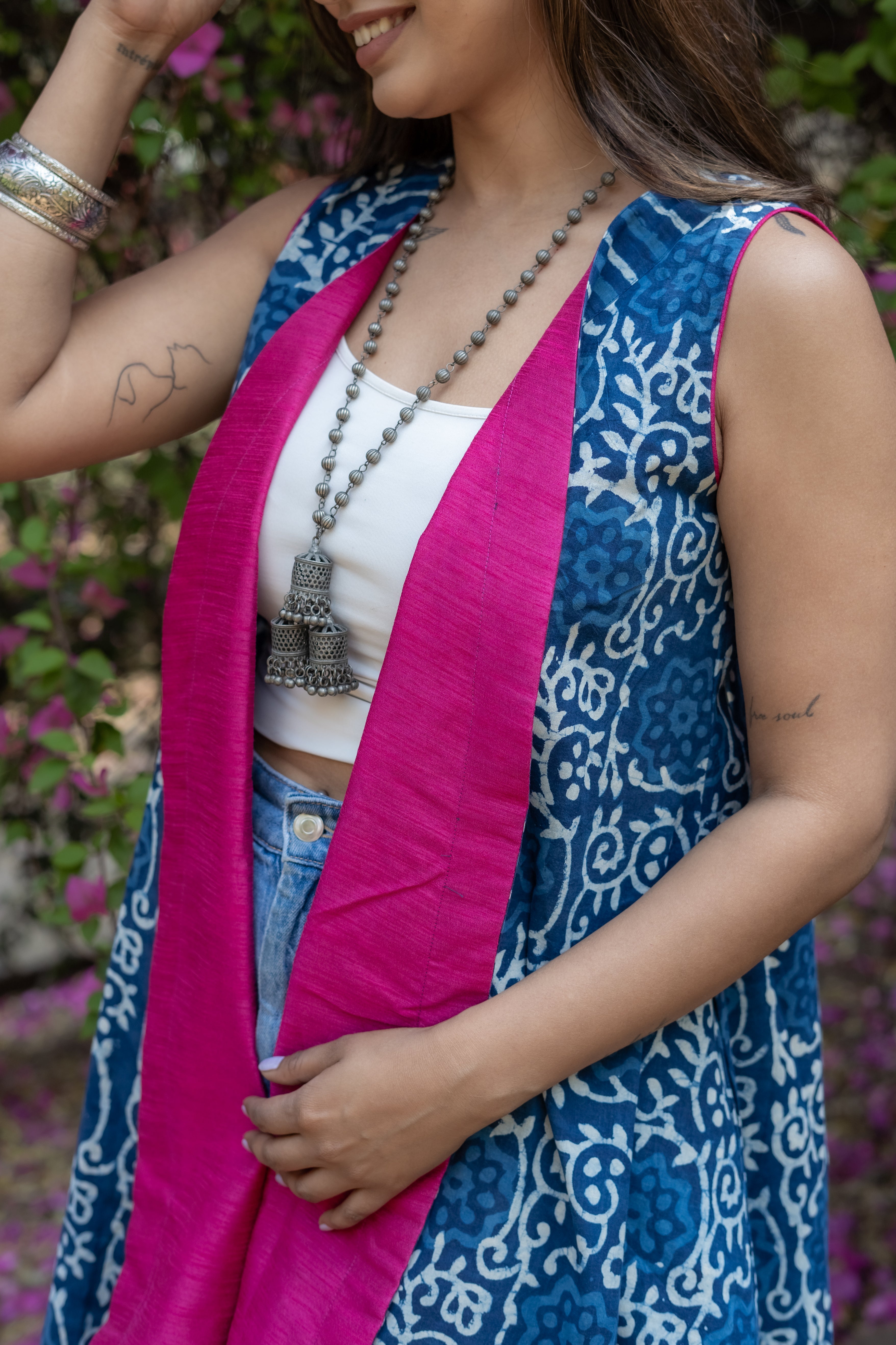 Indigo dabu handblock print waterfall cotton  shrug with pink collar