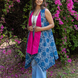 Indigo dabu handblock print waterfall cotton shrug with pink collar