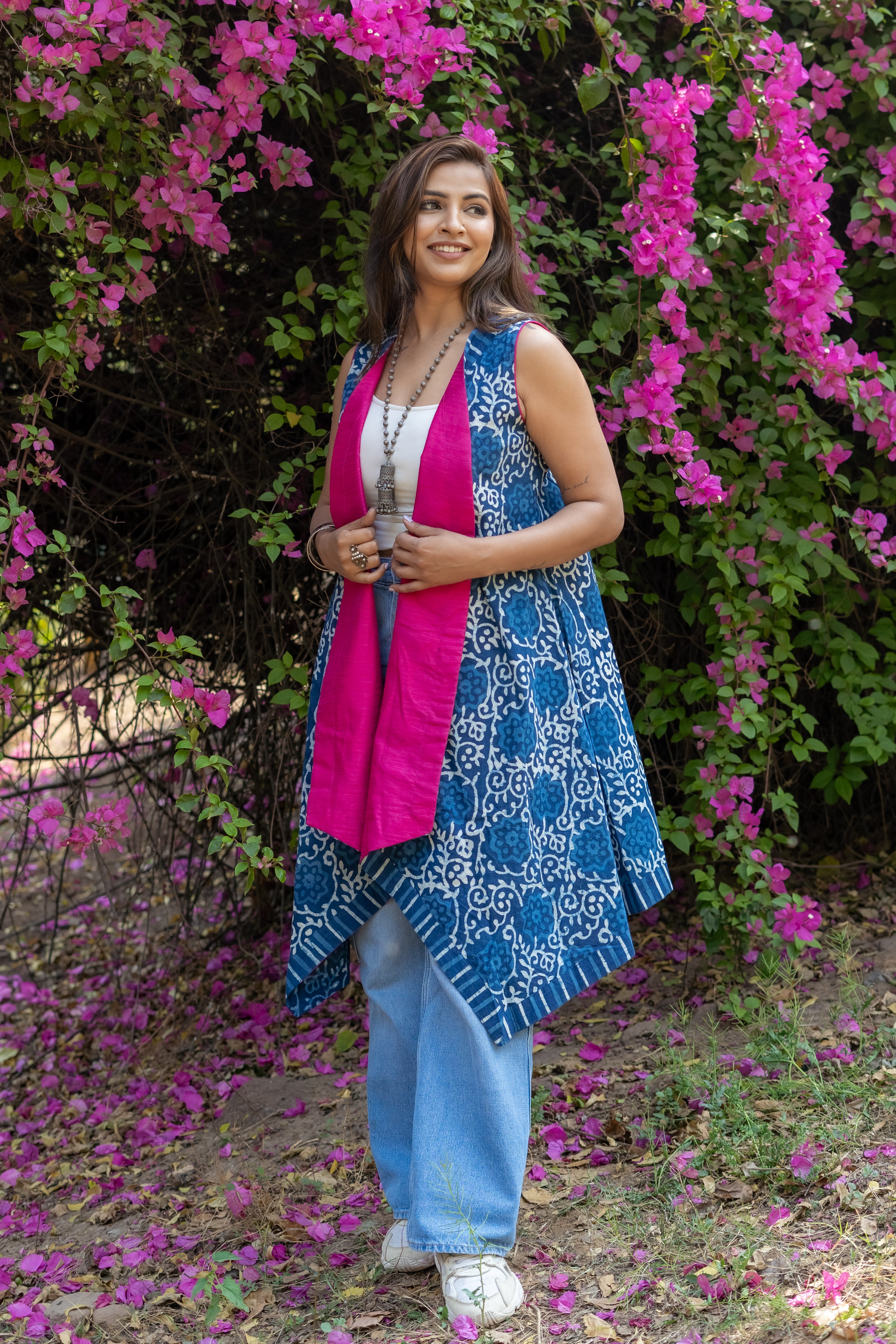 Indigo dabu handblock print waterfall cotton  shrug with pink collar