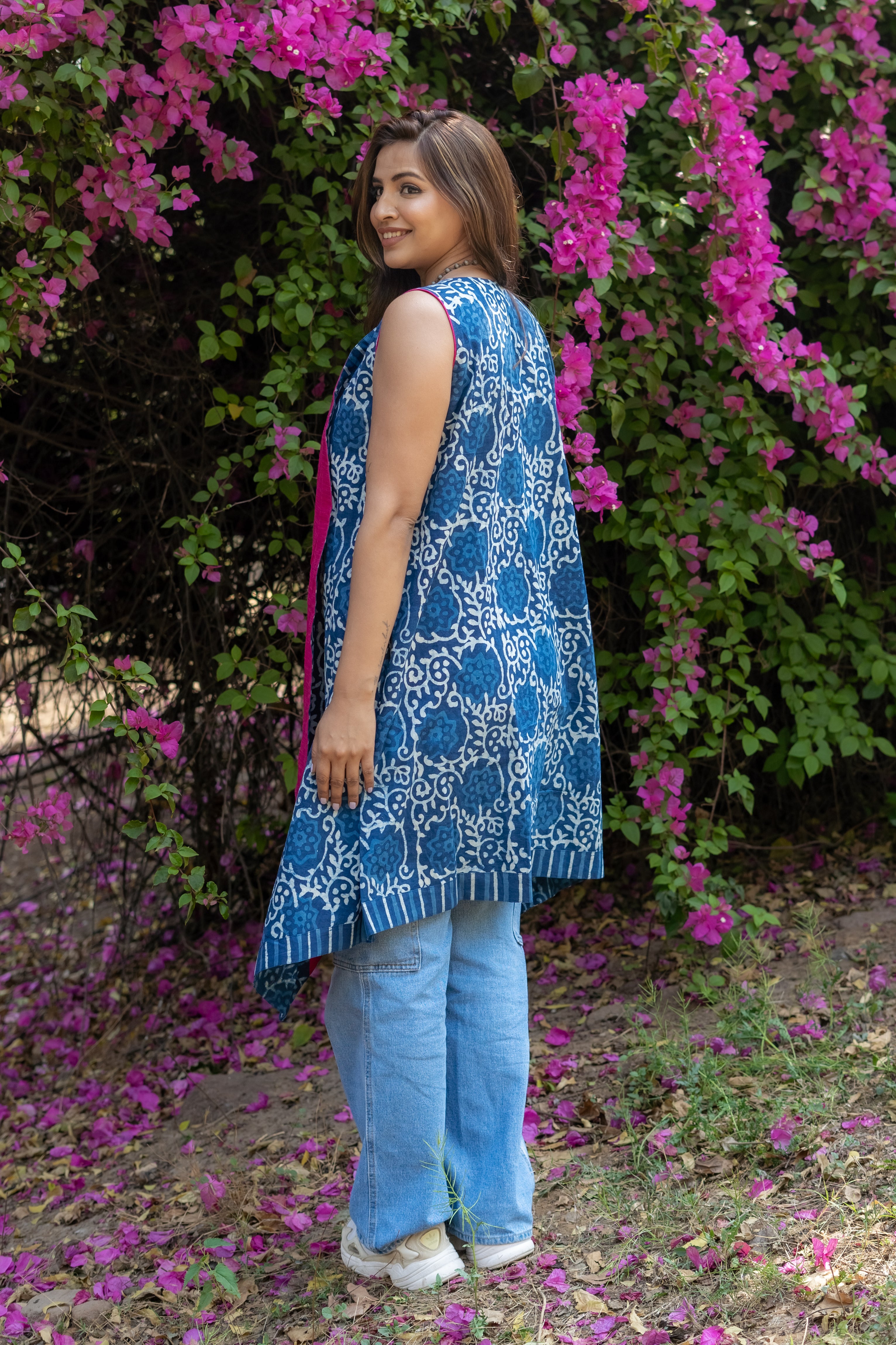 Indigo dabu handblock print waterfall cotton  shrug with pink collar