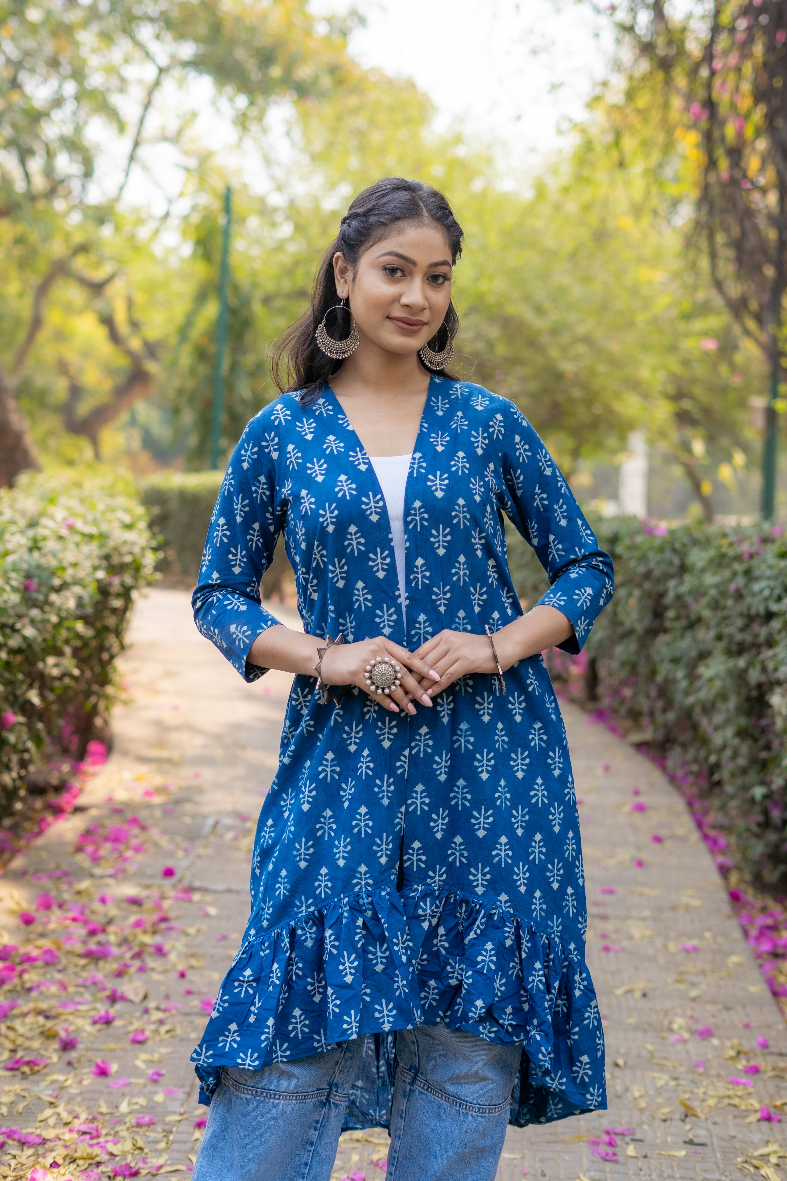 Indigo dabu booti handblock print cotton shrug with frills