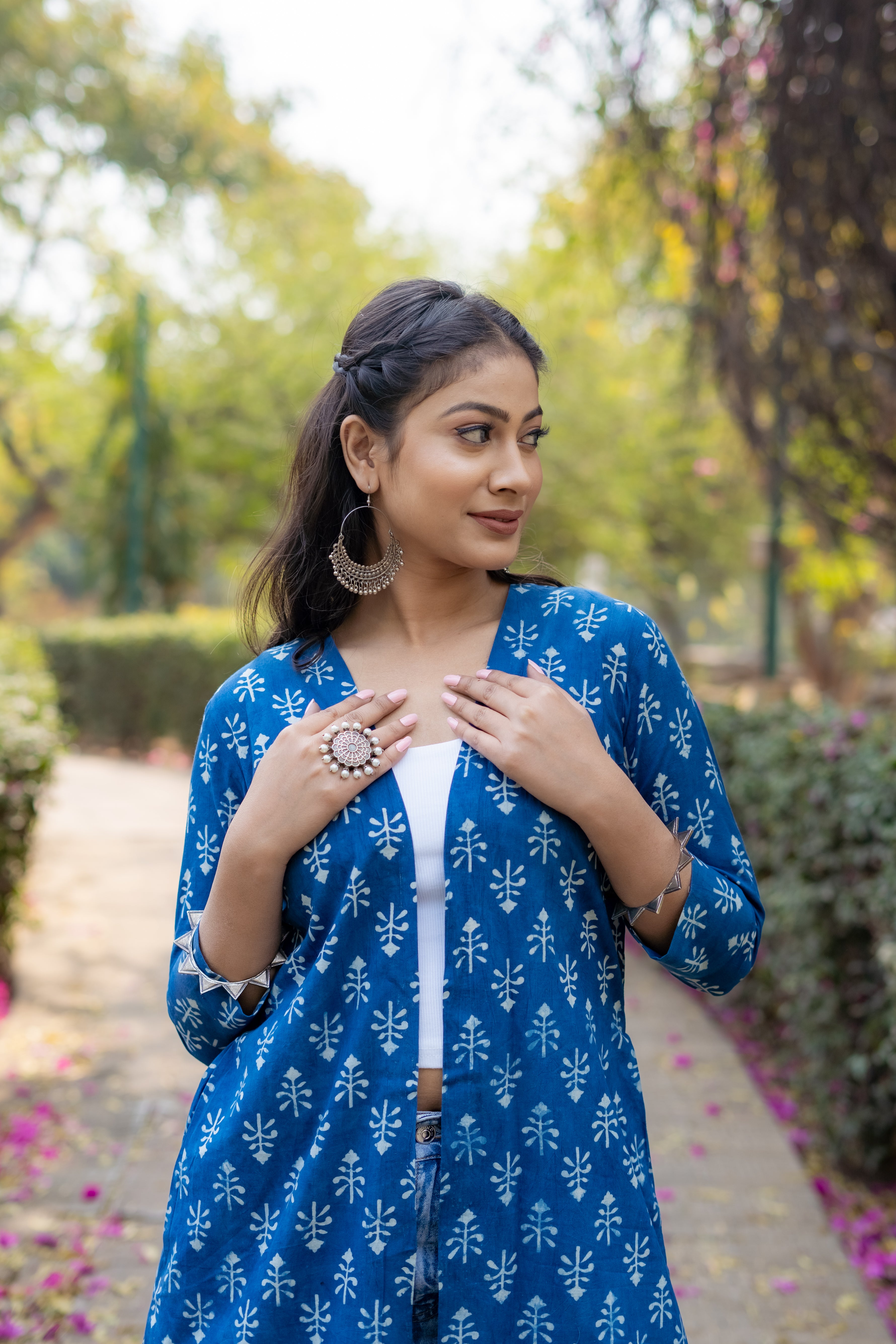 Indigo dabu booti handblock print cotton shrug with frills