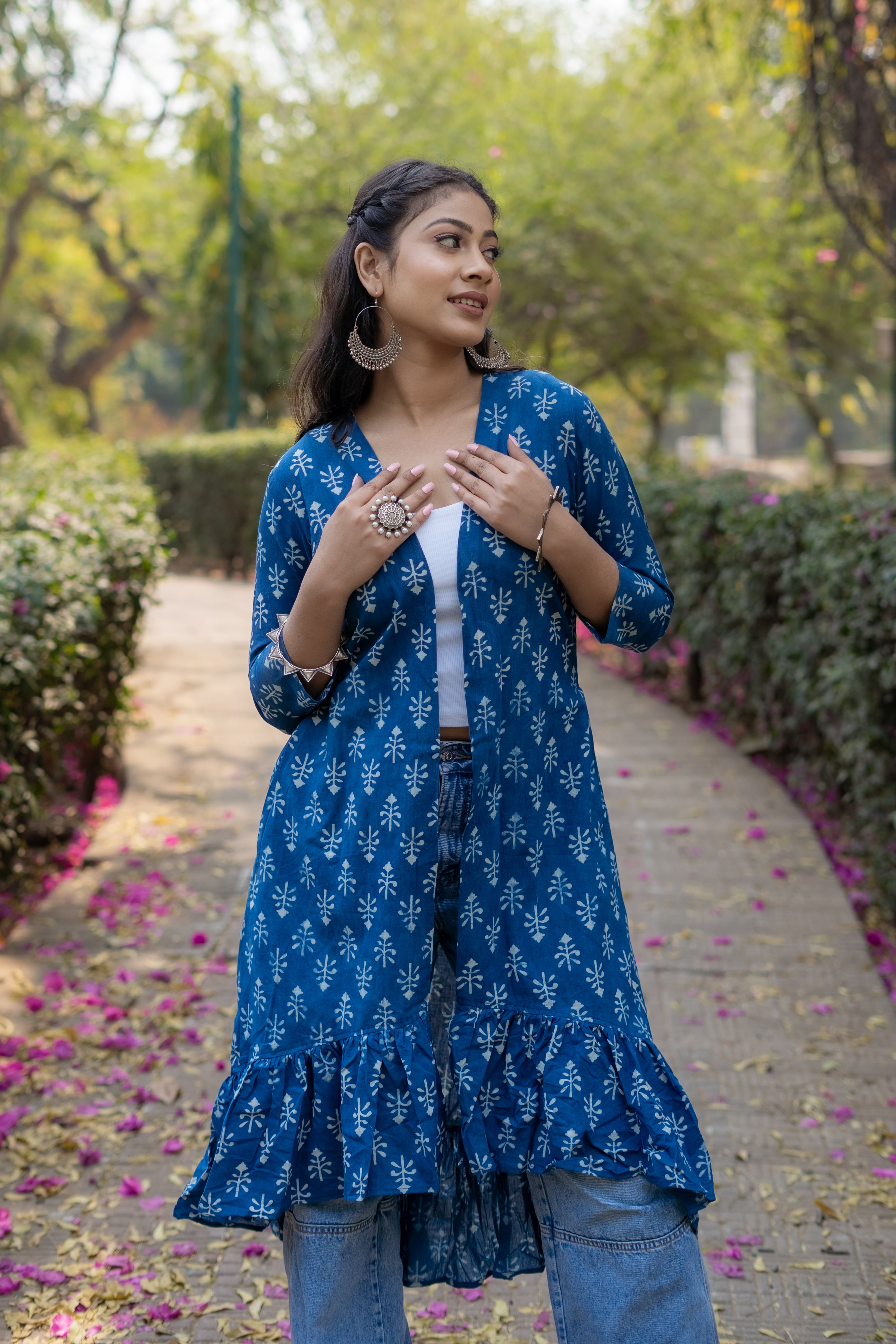 Indigo dabu booti handblock print cotton shrug with frills