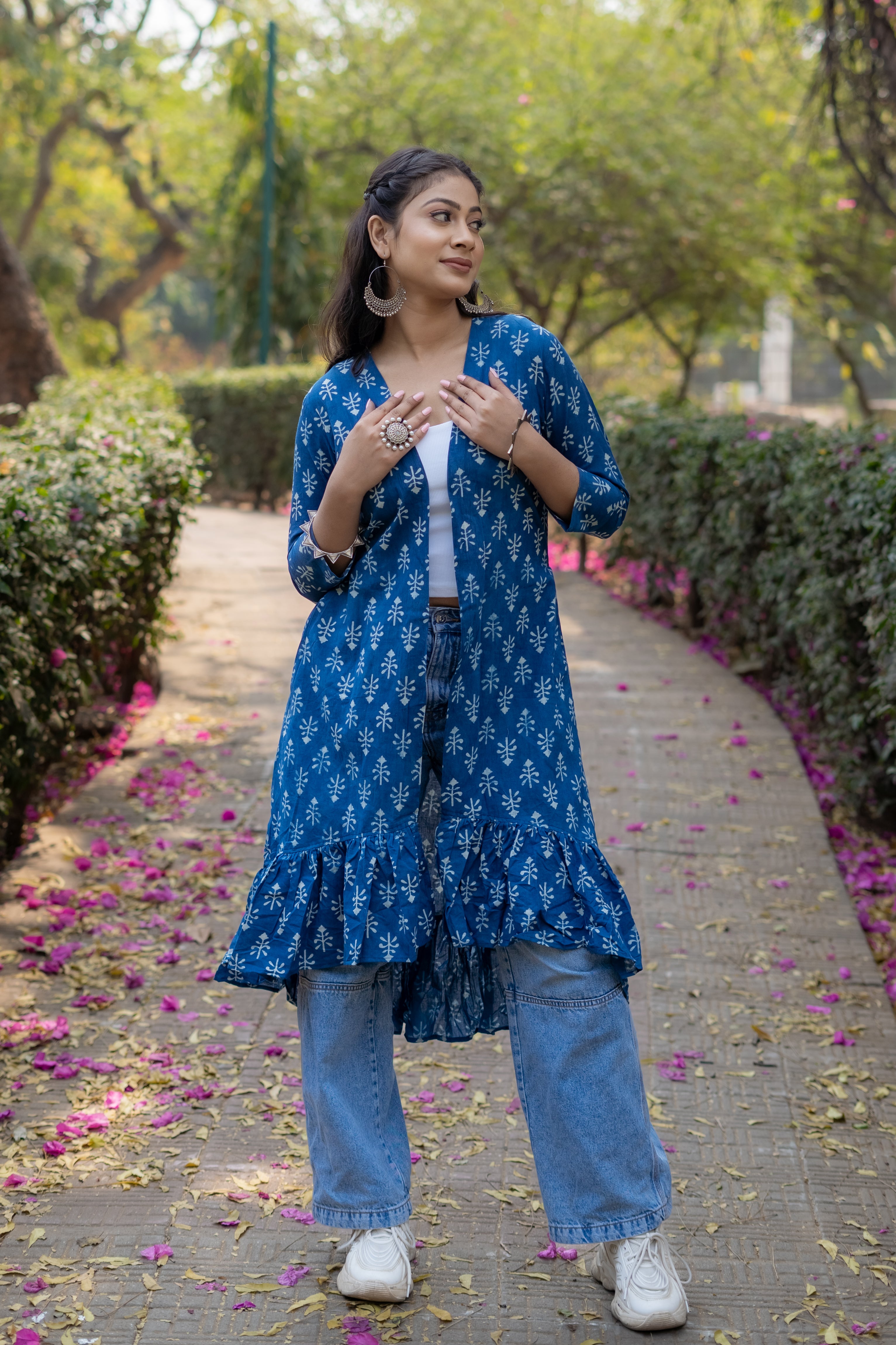 Indigo dabu booti handblock print cotton shrug with frills