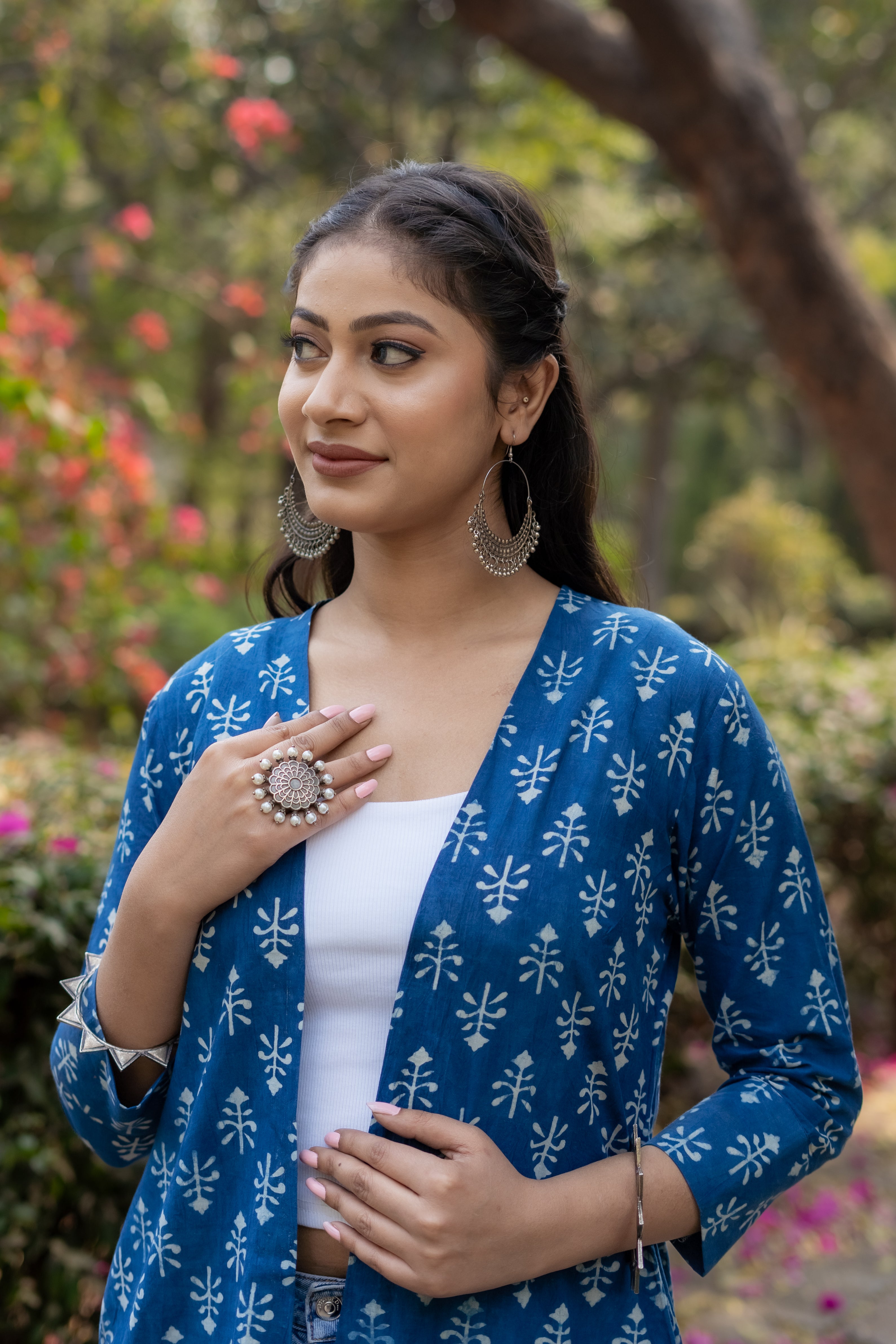 Indigo dabu booti handblock print cotton shrug with frills