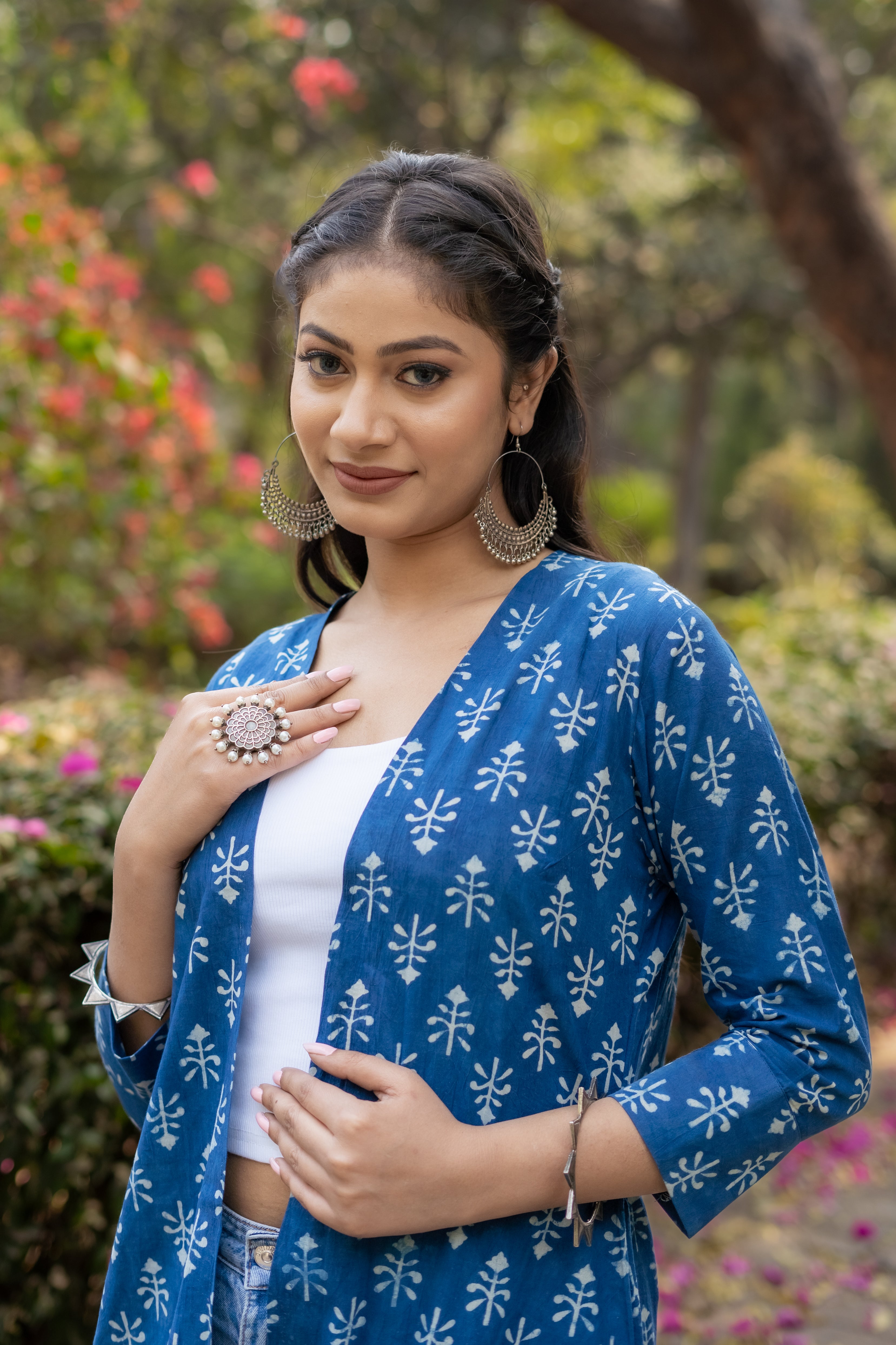 Indigo dabu booti handblock print cotton shrug with frills