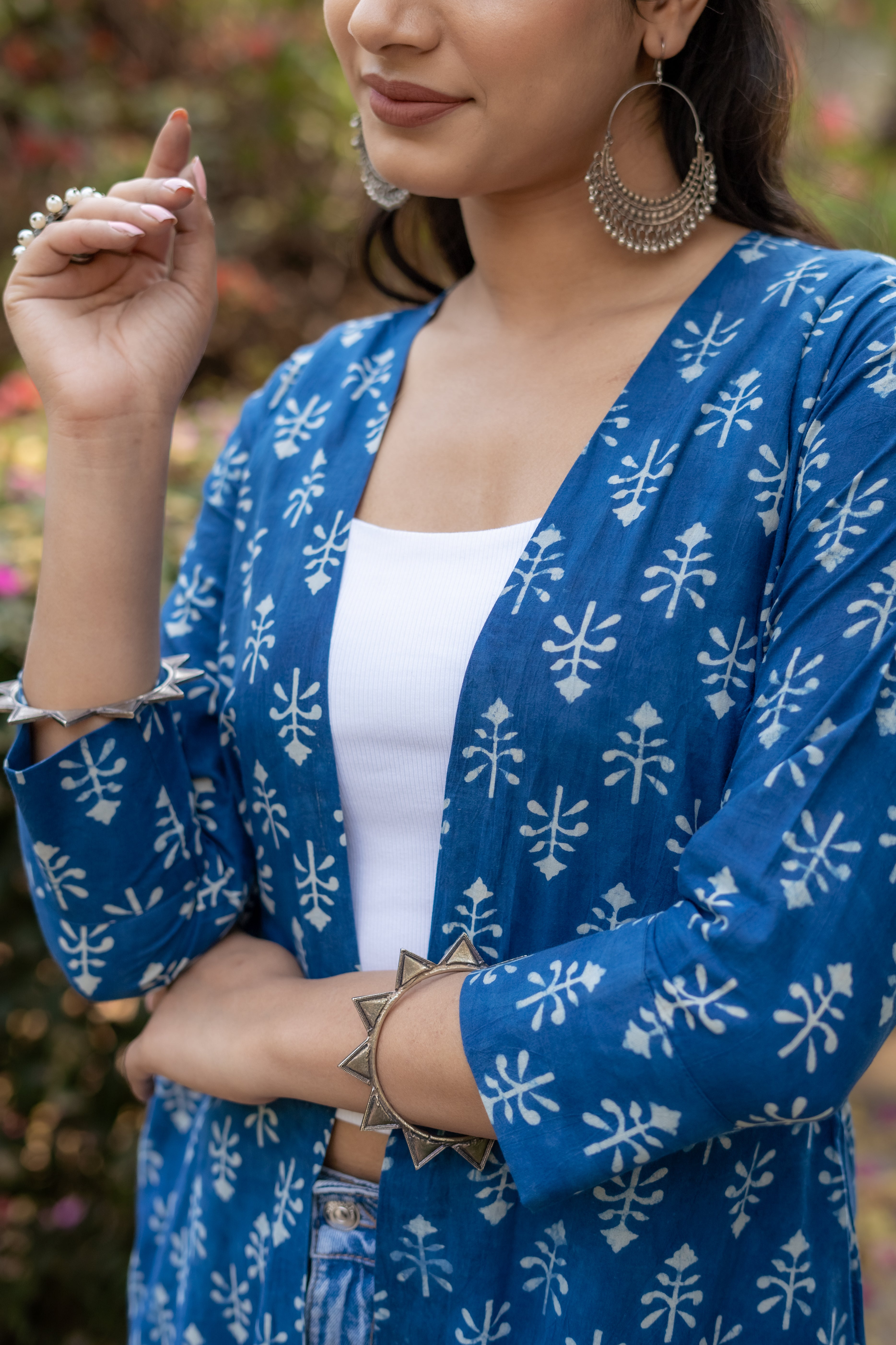 Indigo dabu booti handblock print cotton shrug with frills
