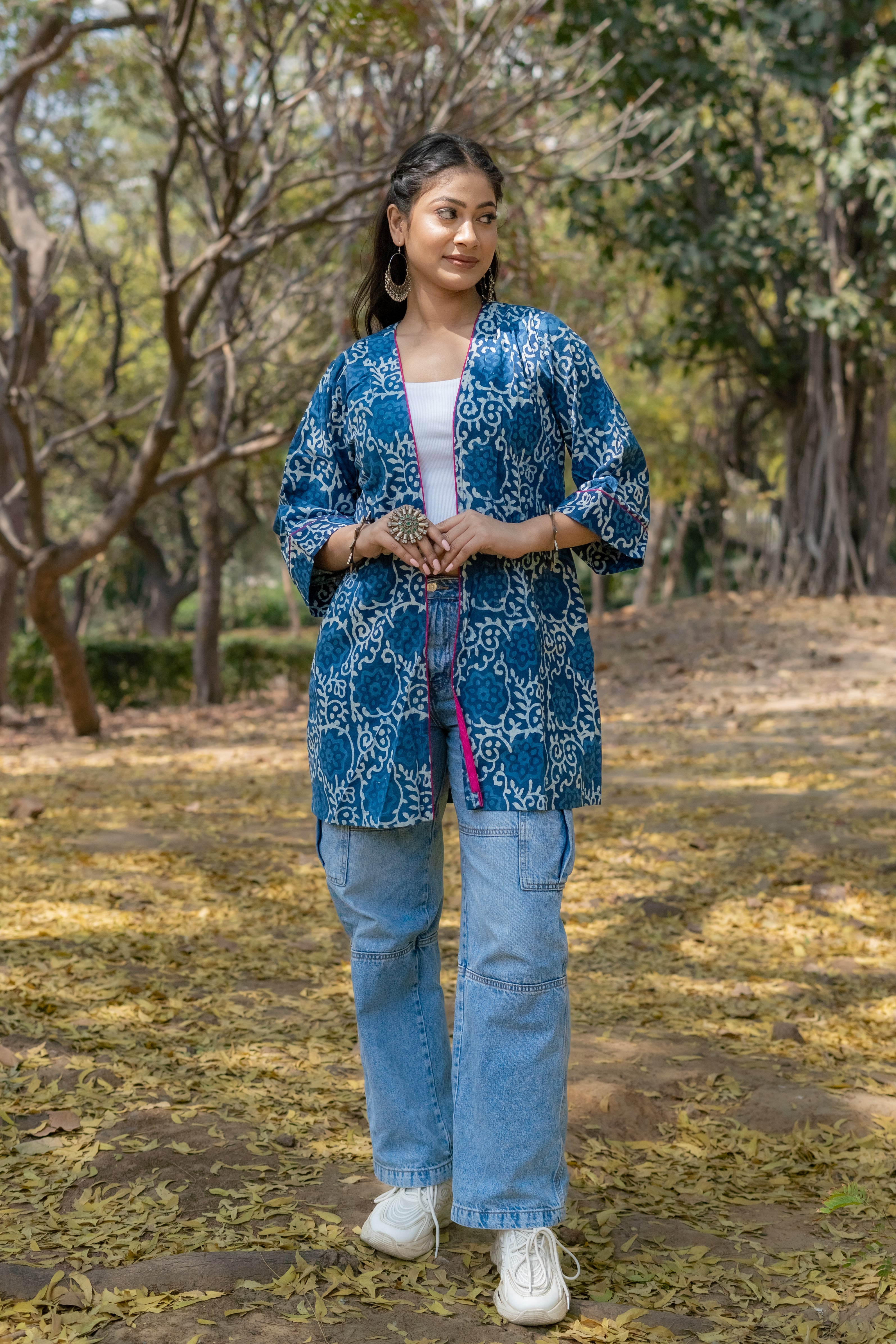 Indigo dabu floral handblock print short cotton shrug