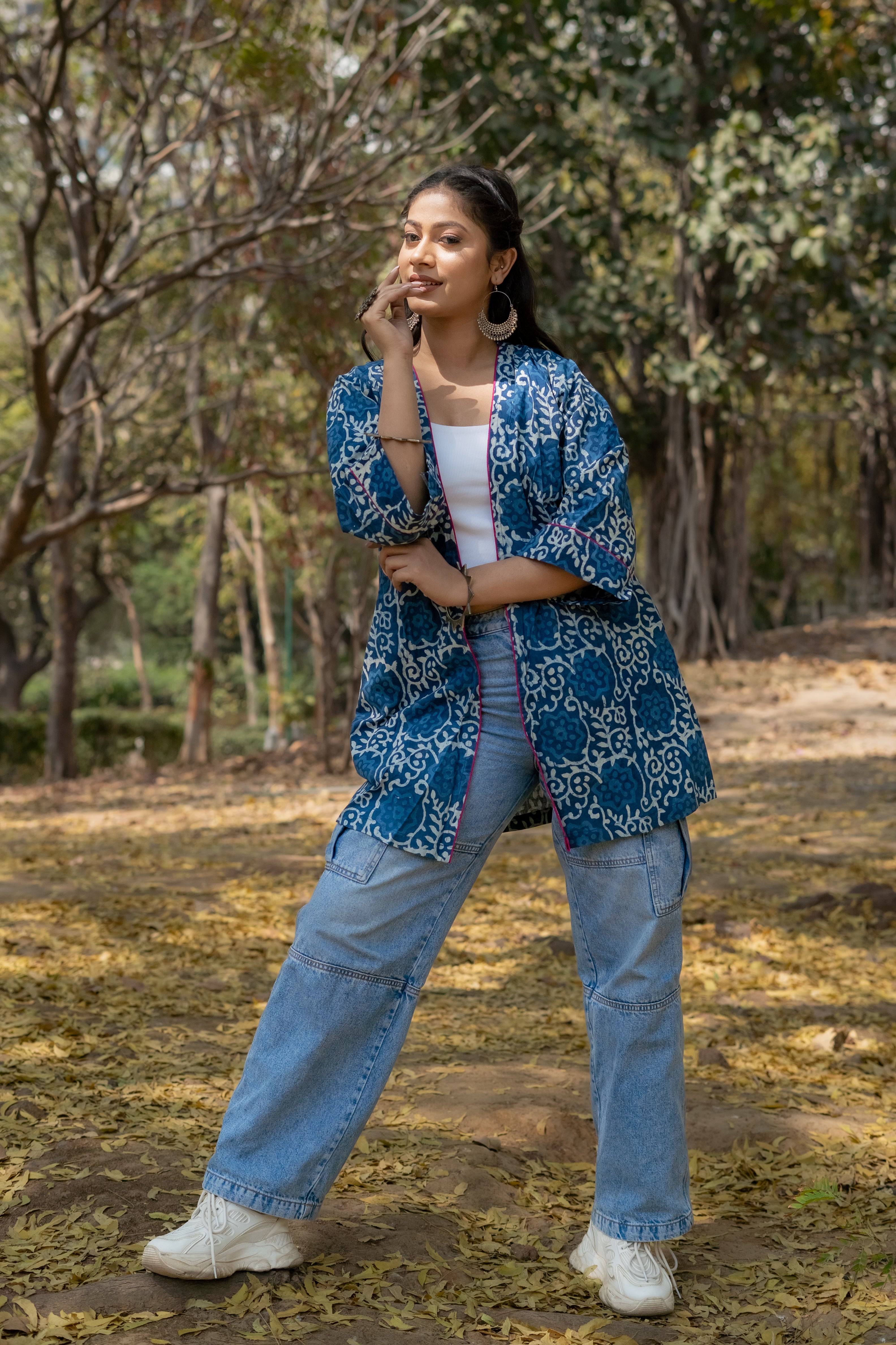 Indigo dabu floral handblock print short cotton shrug