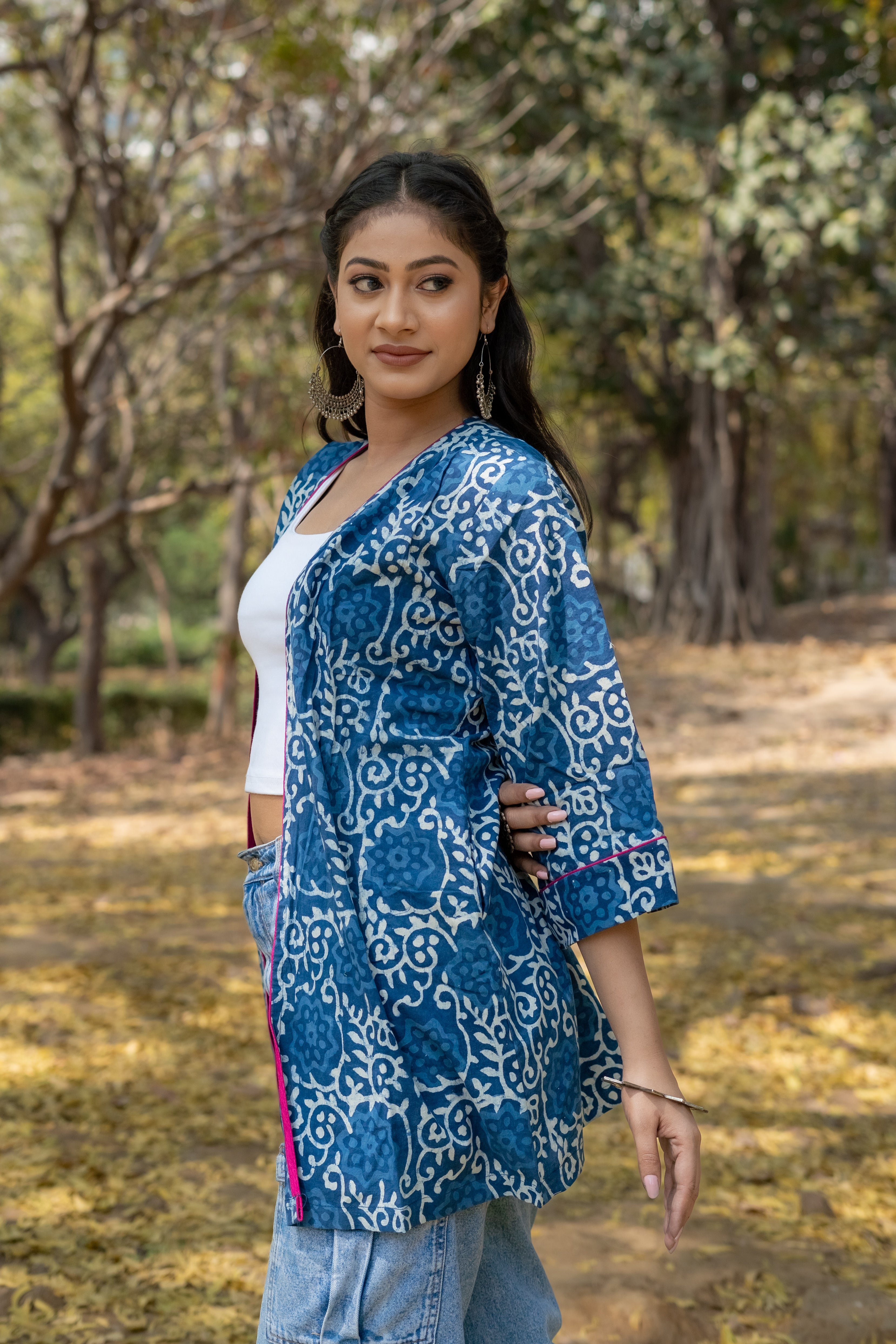 Indigo dabu floral handblock print short cotton shrug