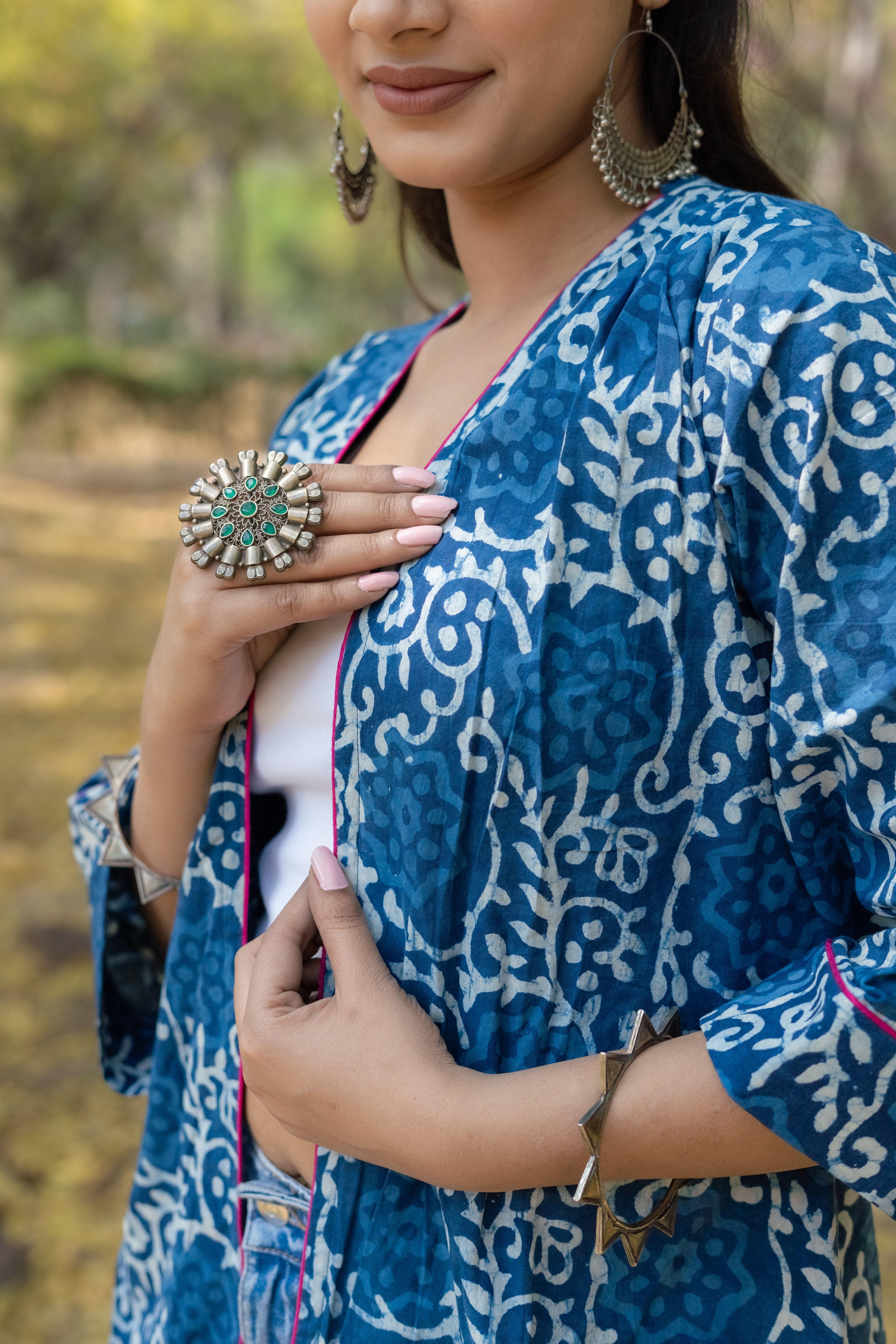 Indigo dabu floral handblock print short cotton shrug