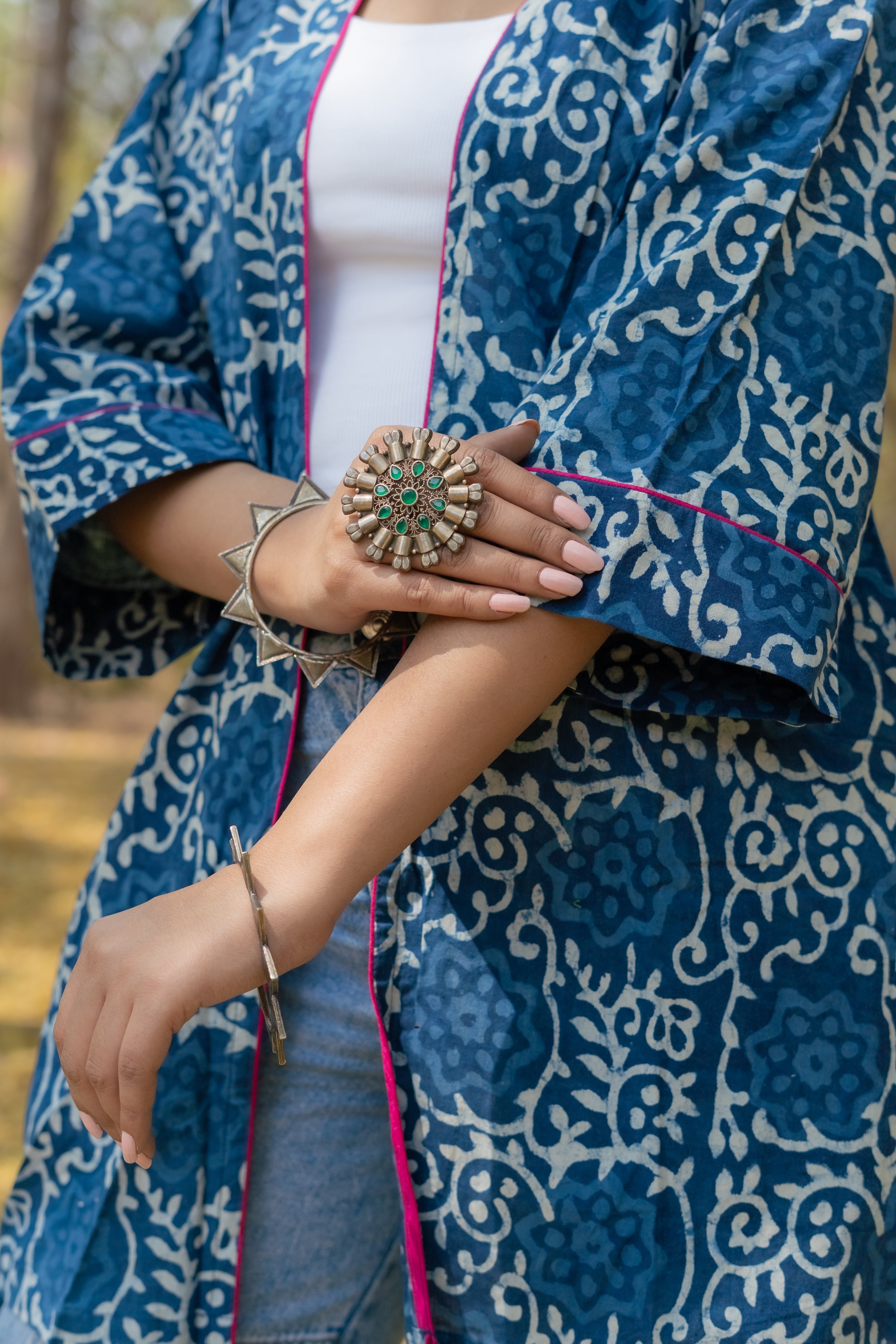 Indigo dabu floral handblock print short cotton shrug