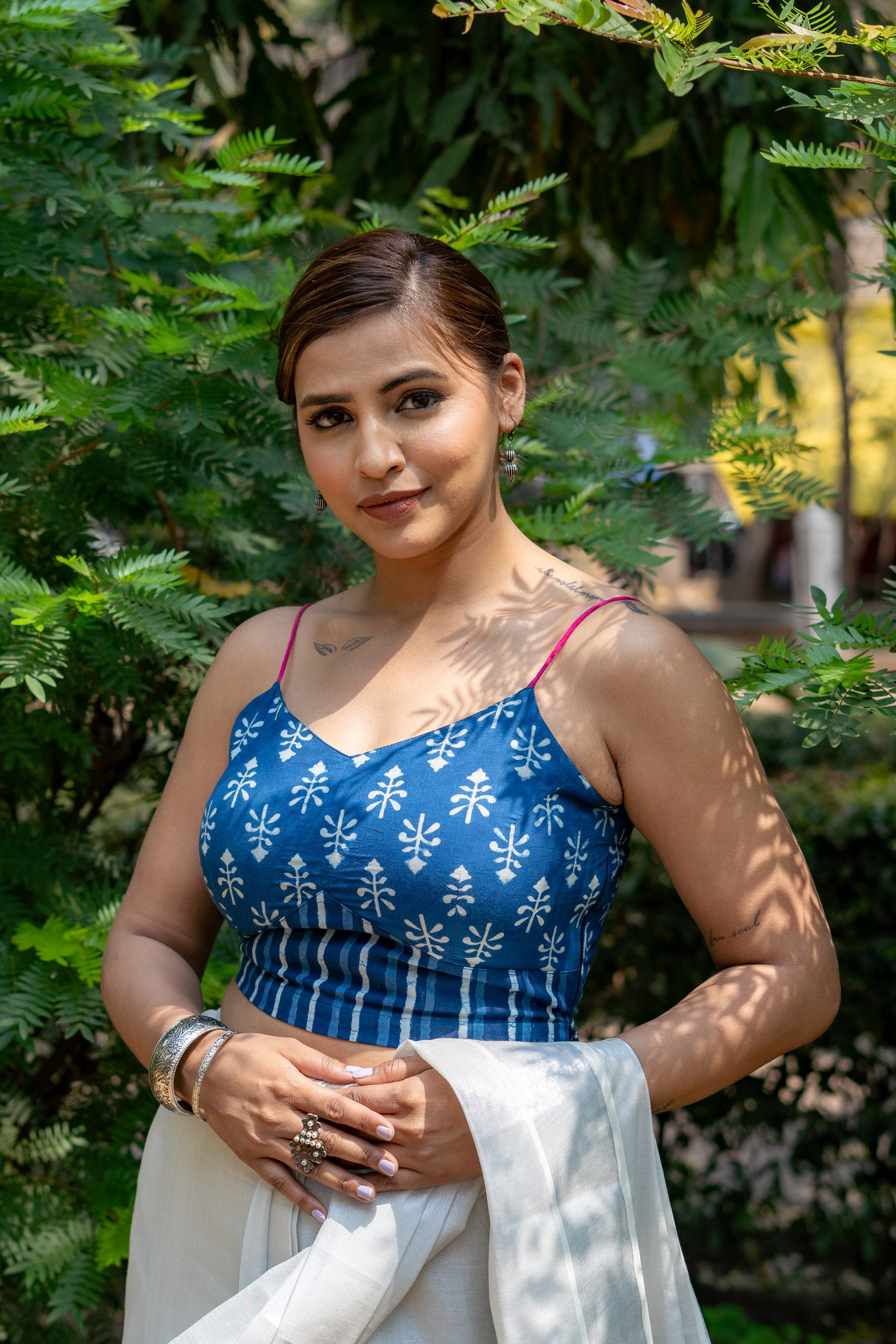 Indigo dabu booti & stripe handblock print sleeveless cotton blouse with fuschia noodle strap