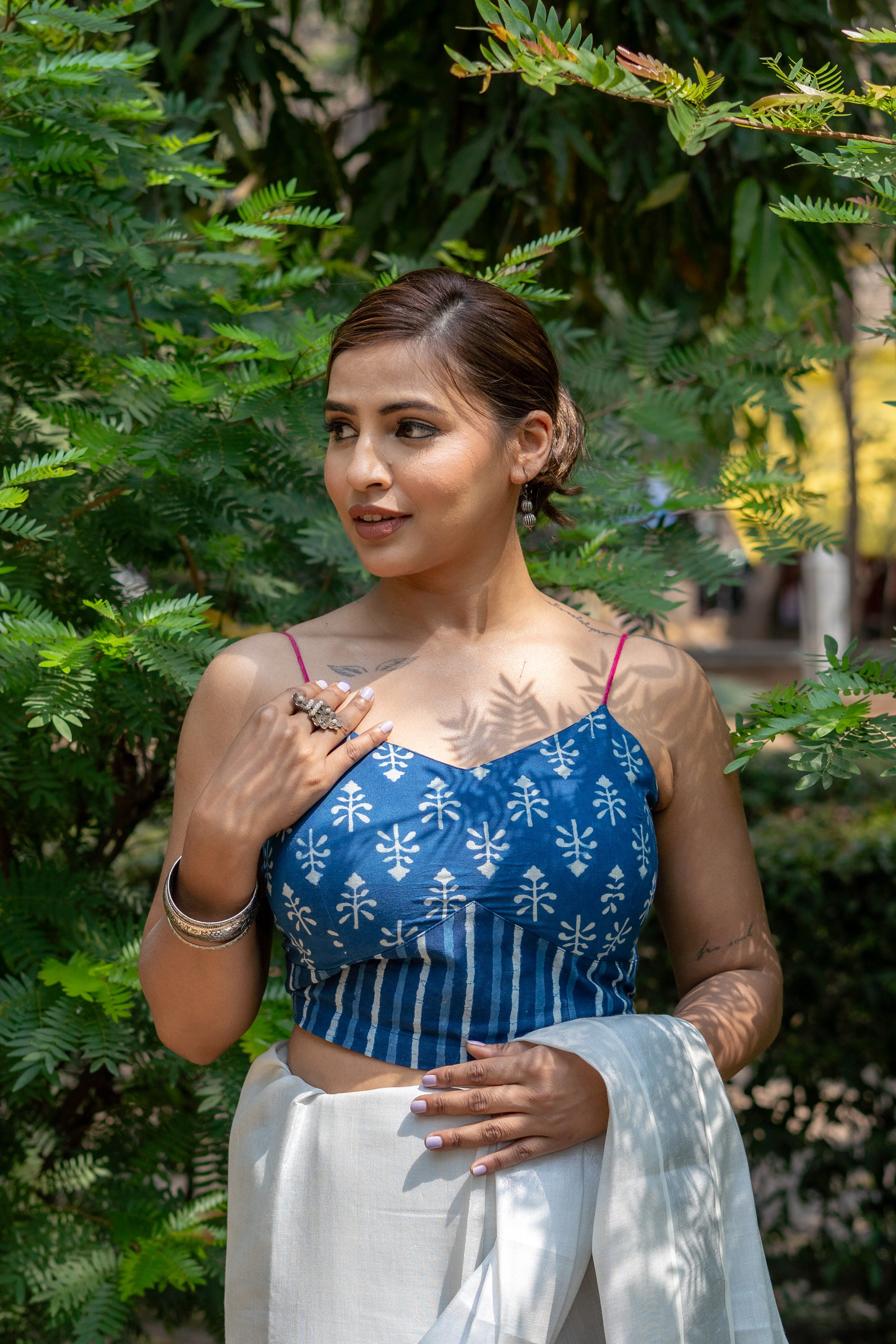 Indigo dabu booti & stripe handblock print sleeveless cotton blouse with fuschia noodle strap