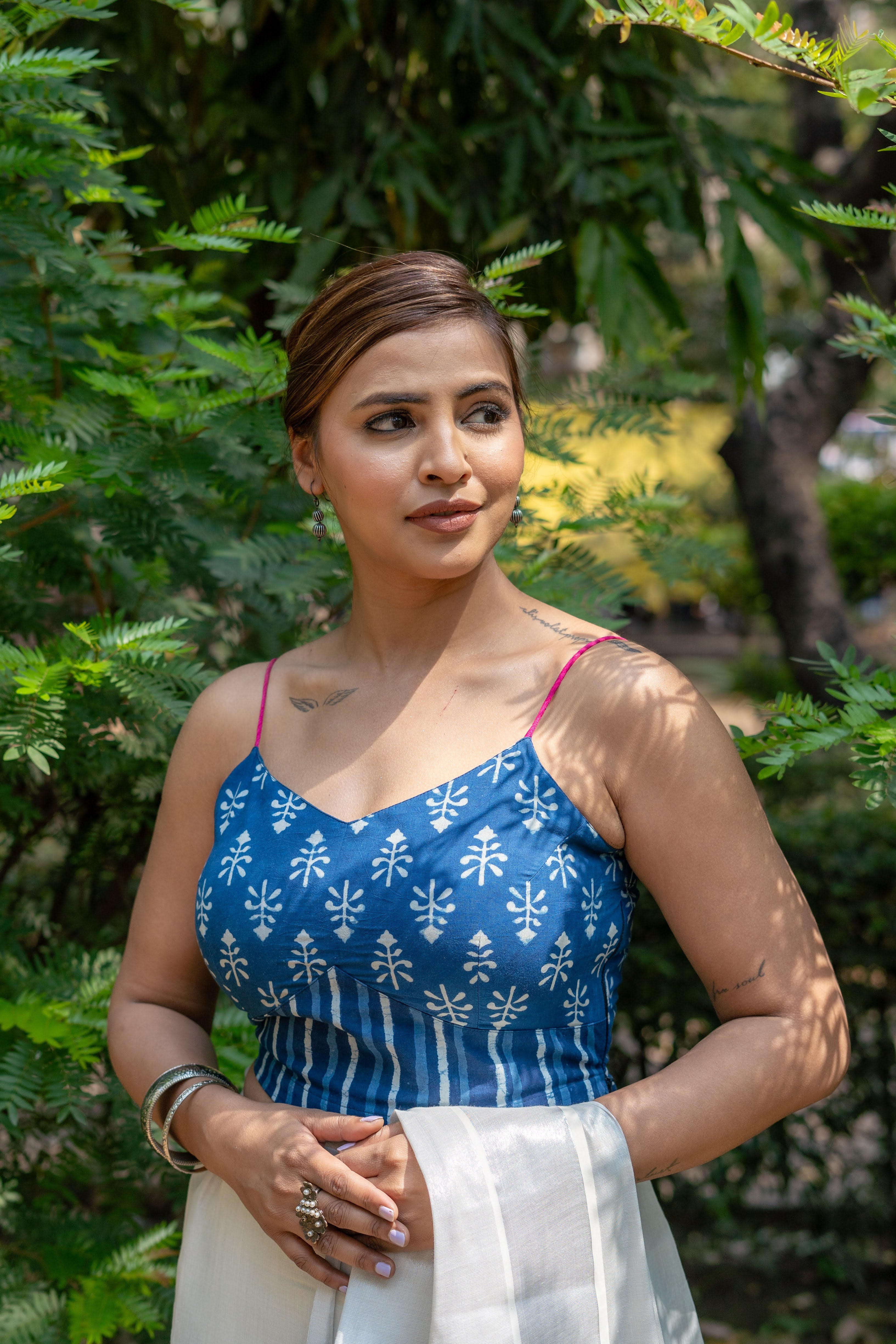 Indigo dabu booti & stripe handblock print sleeveless cotton blouse with fuschia noodle strap