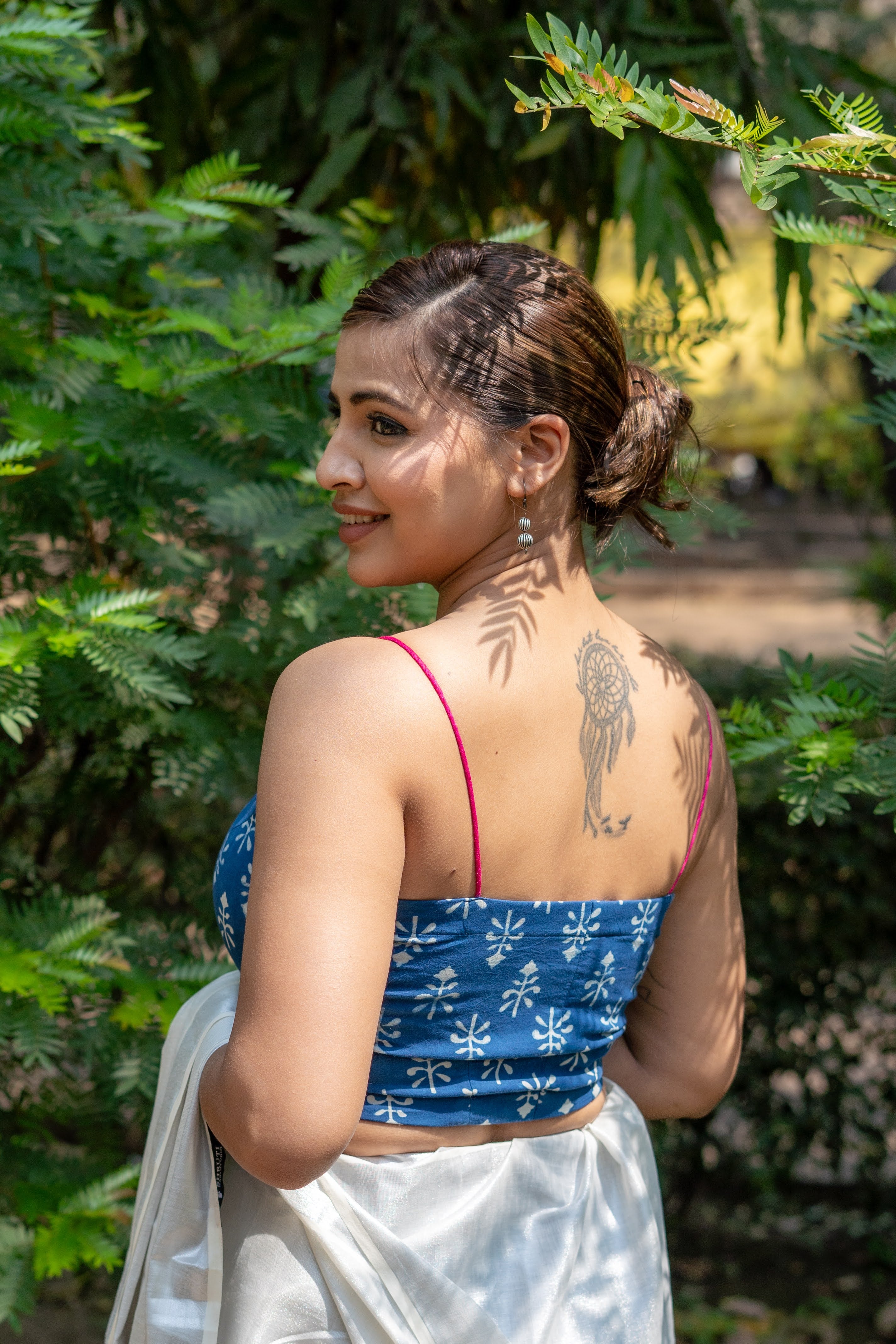 Indigo dabu booti & stripe handblock print sleeveless cotton blouse with fuschia noodle strap
