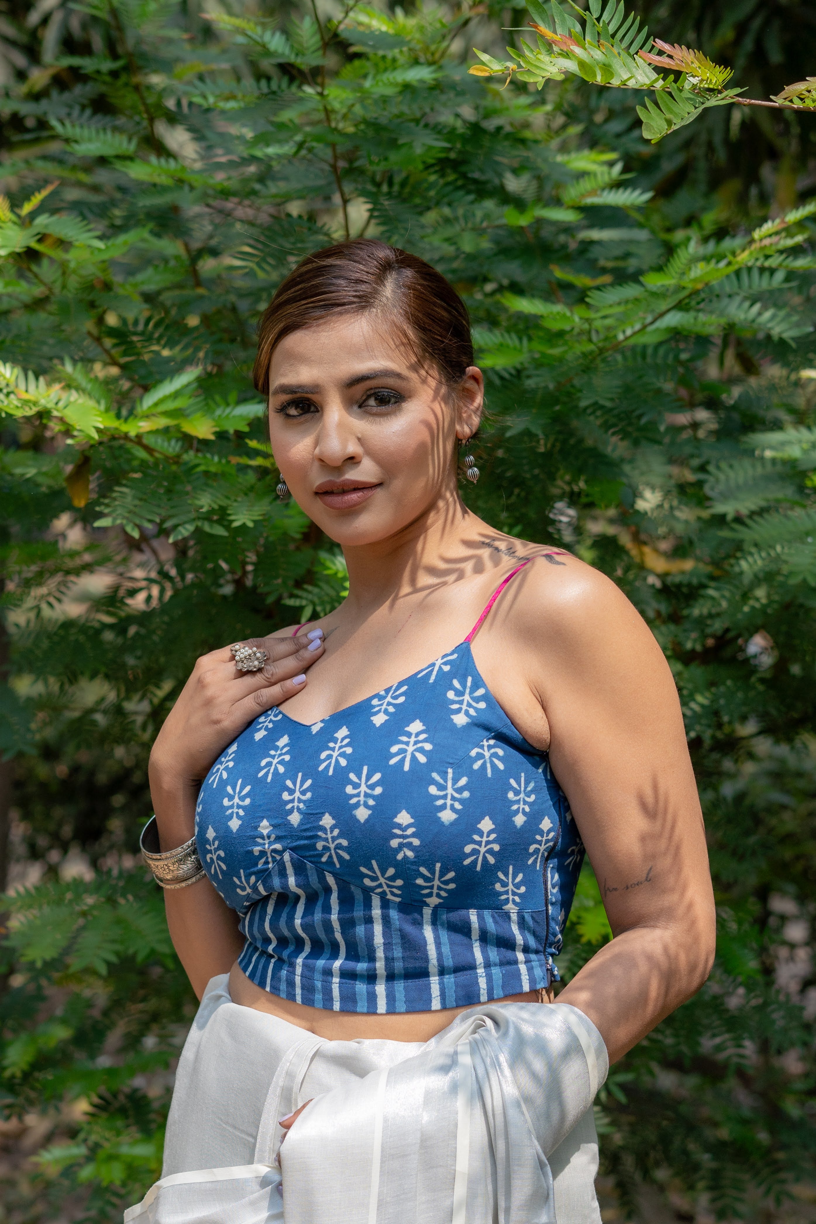 Indigo dabu booti & stripe handblock print sleeveless cotton blouse with fuschia noodle strap