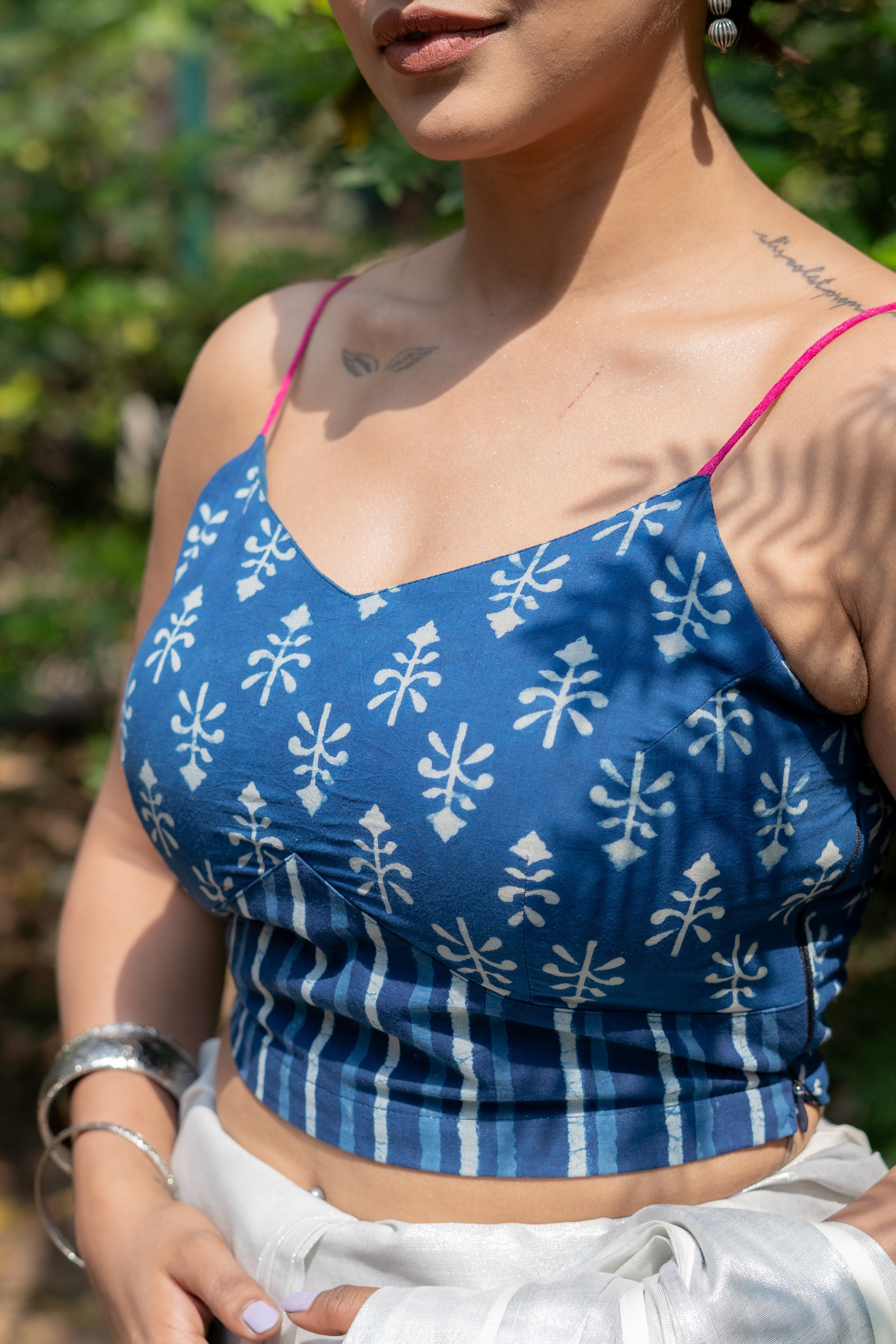Indigo dabu booti & stripe handblock print sleeveless cotton blouse with fuschia noodle strap