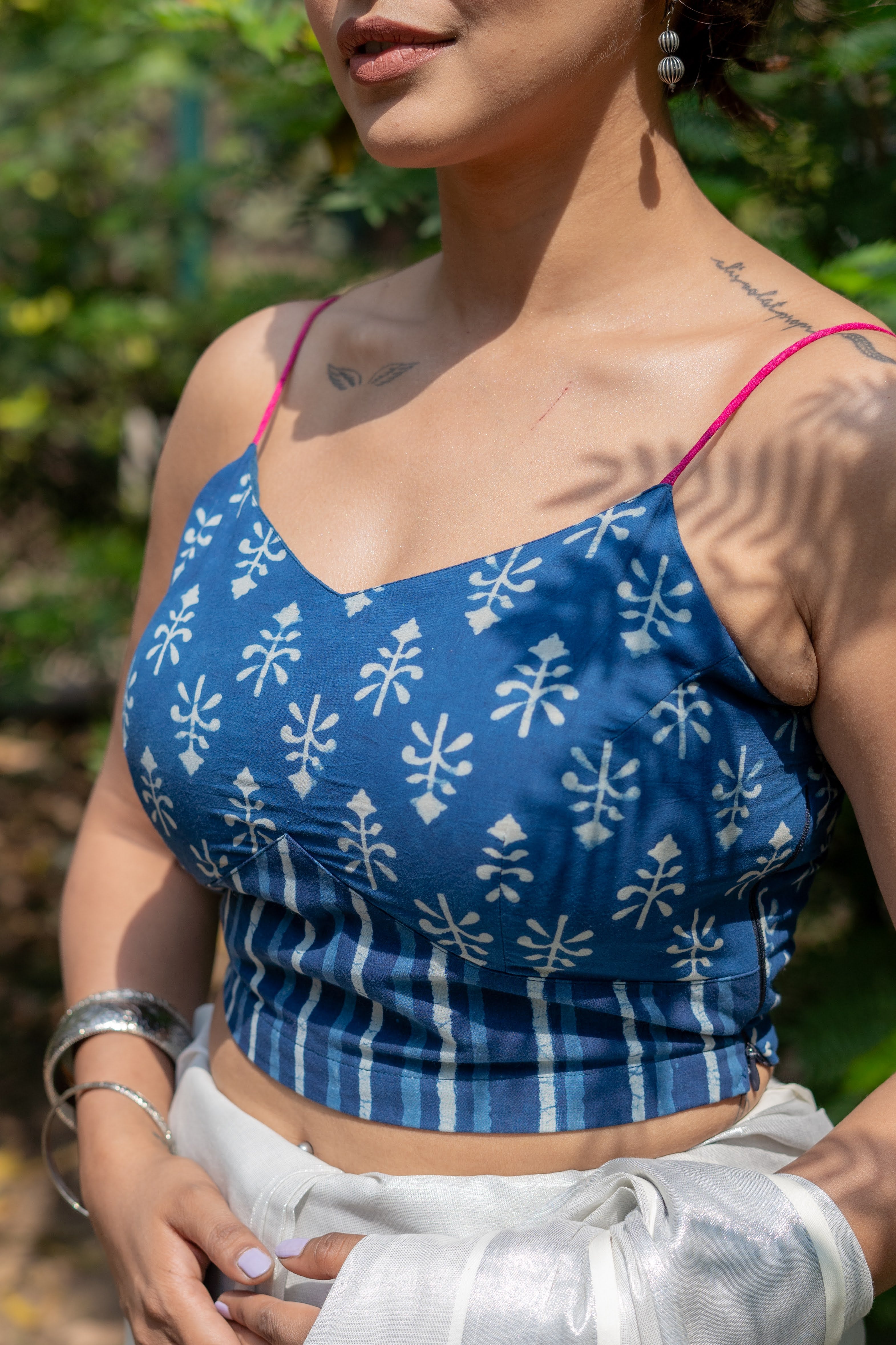 Indigo dabu booti & stripe handblock print sleeveless cotton blouse with fuschia noodle strap