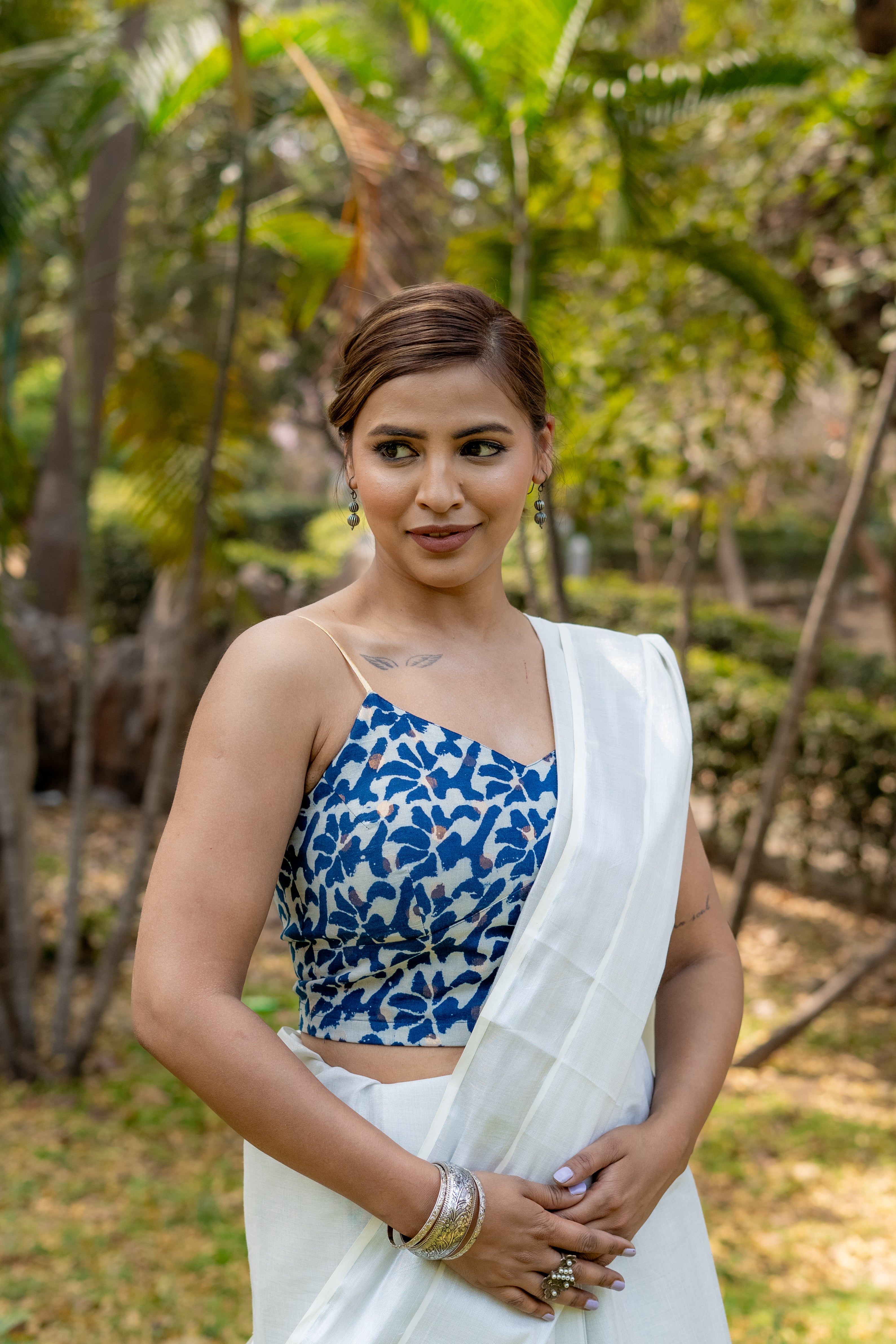 Indigo dabu handblock print with copper booti noodle strap sleeveless cotton blouse