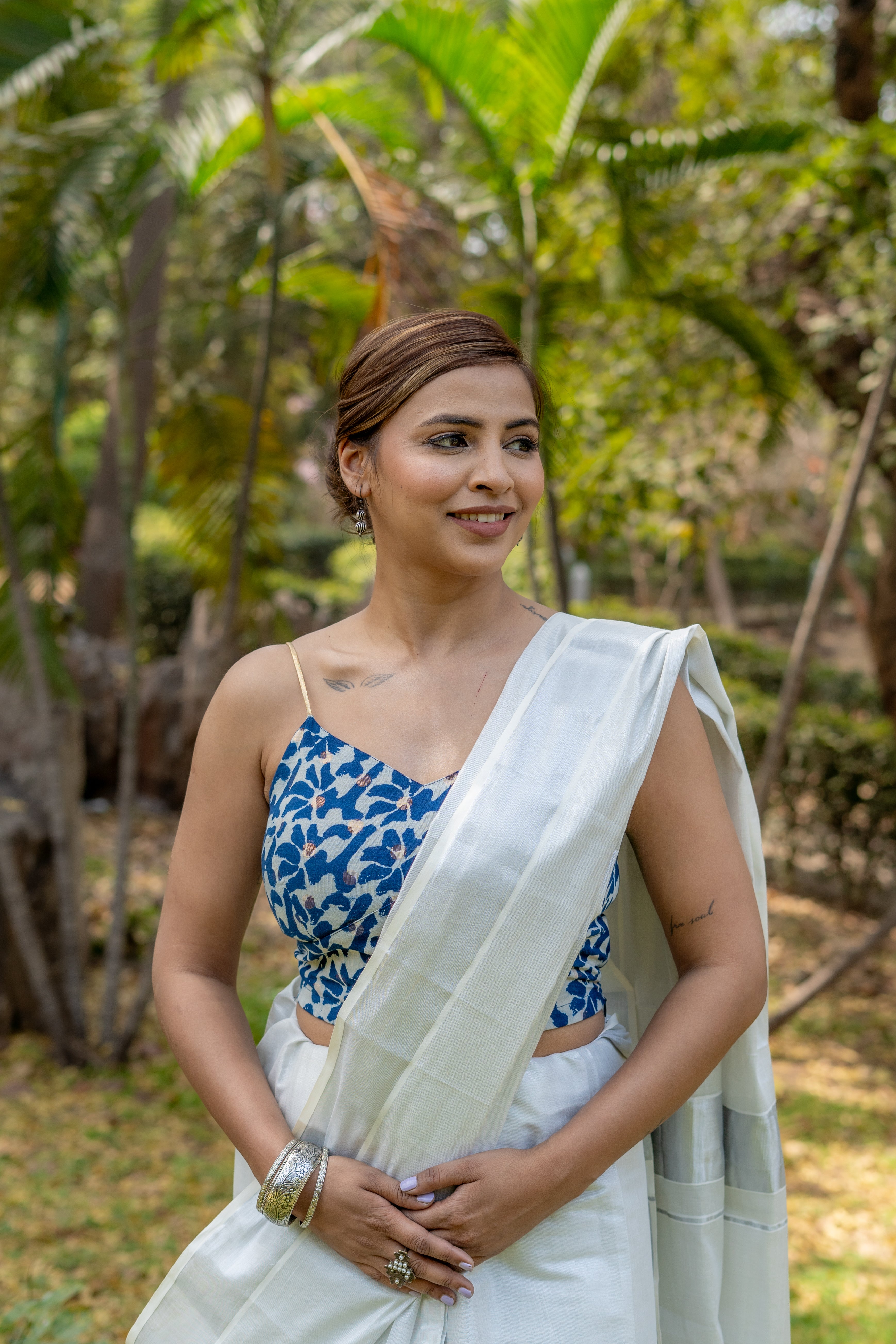 Indigo dabu handblock print with copper booti noodle strap sleeveless cotton blouse