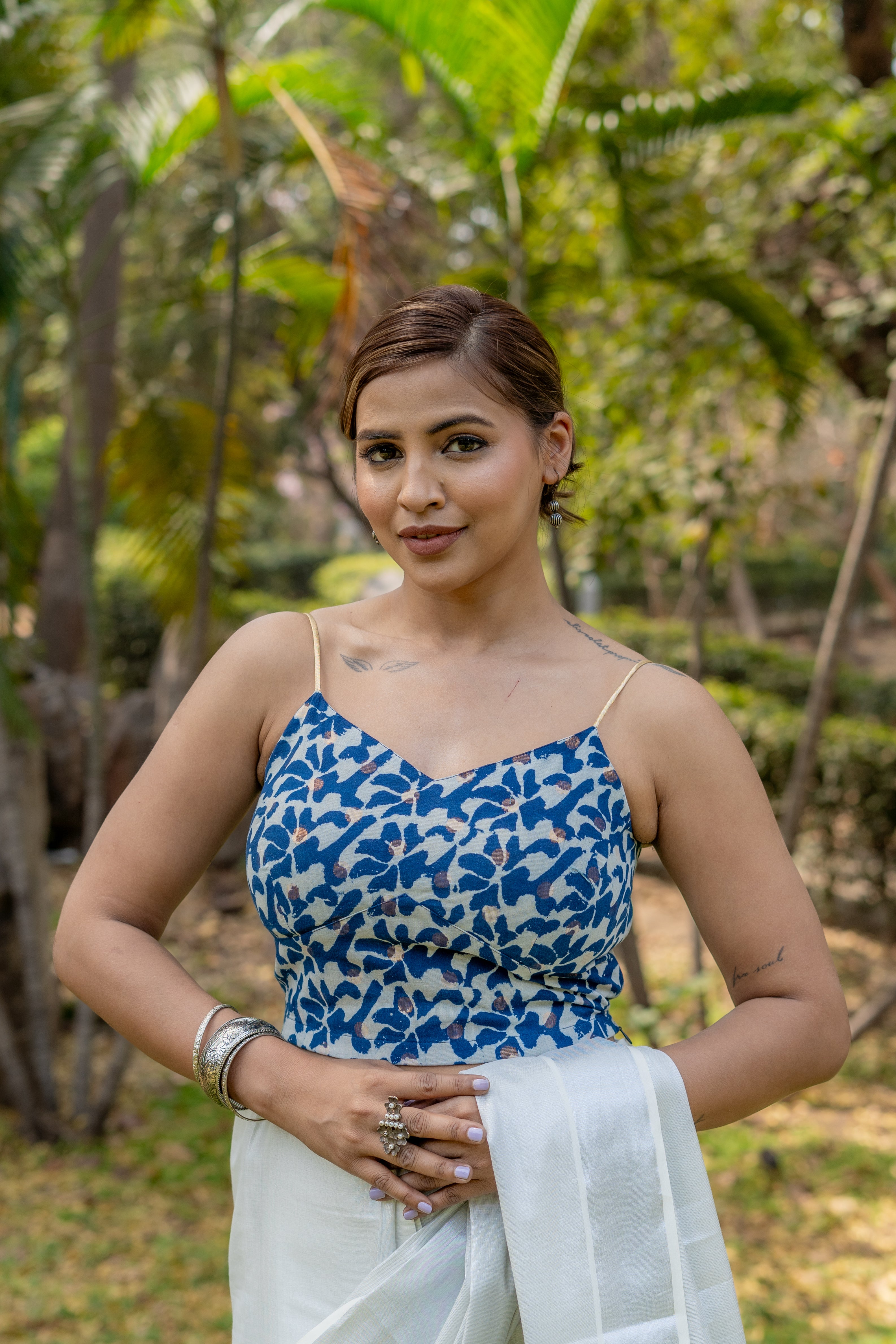 Indigo dabu handblock print with copper booti noodle strap sleeveless cotton blouse