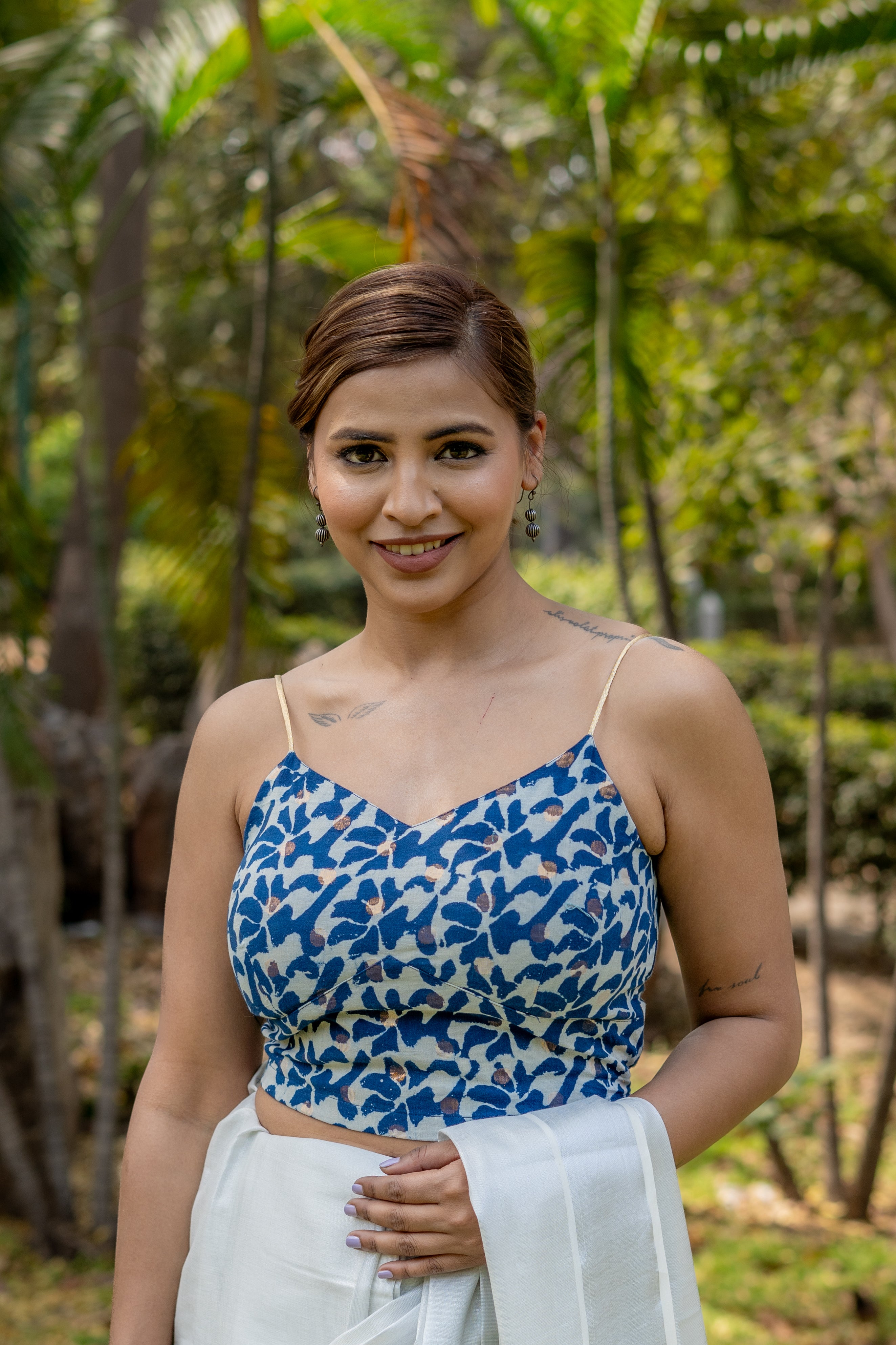 Indigo dabu handblock print with copper booti noodle strap sleeveless cotton blouse