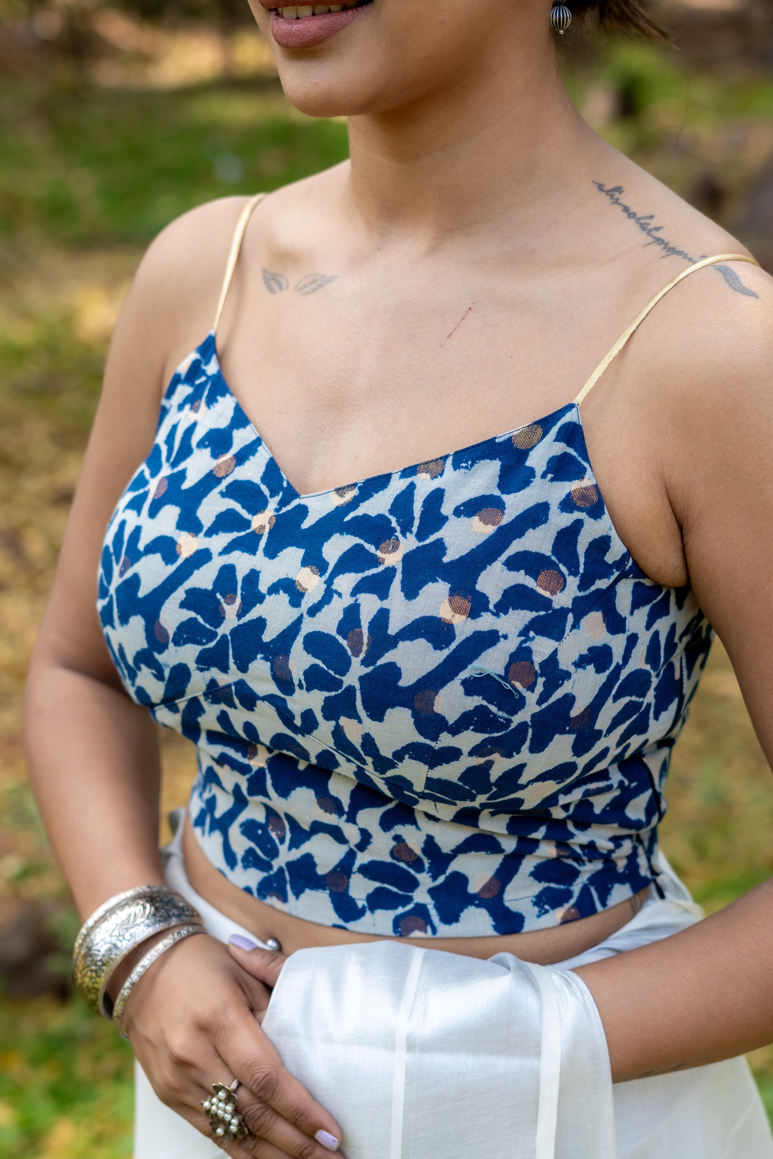 Indigo dabu handblock print with copper booti noodle strap sleeveless cotton blouse