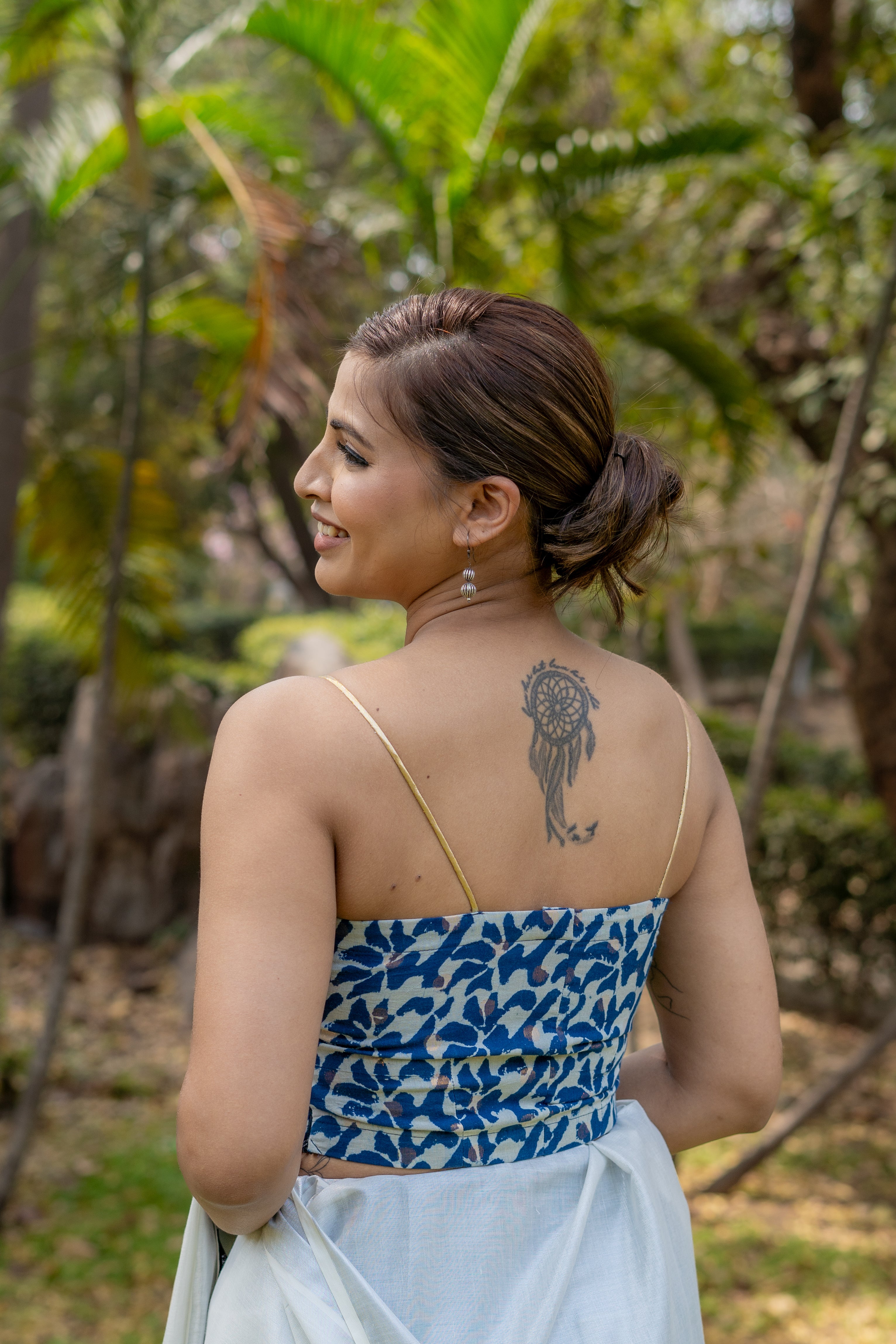 Indigo dabu handblock print with copper booti noodle strap sleeveless cotton blouse
