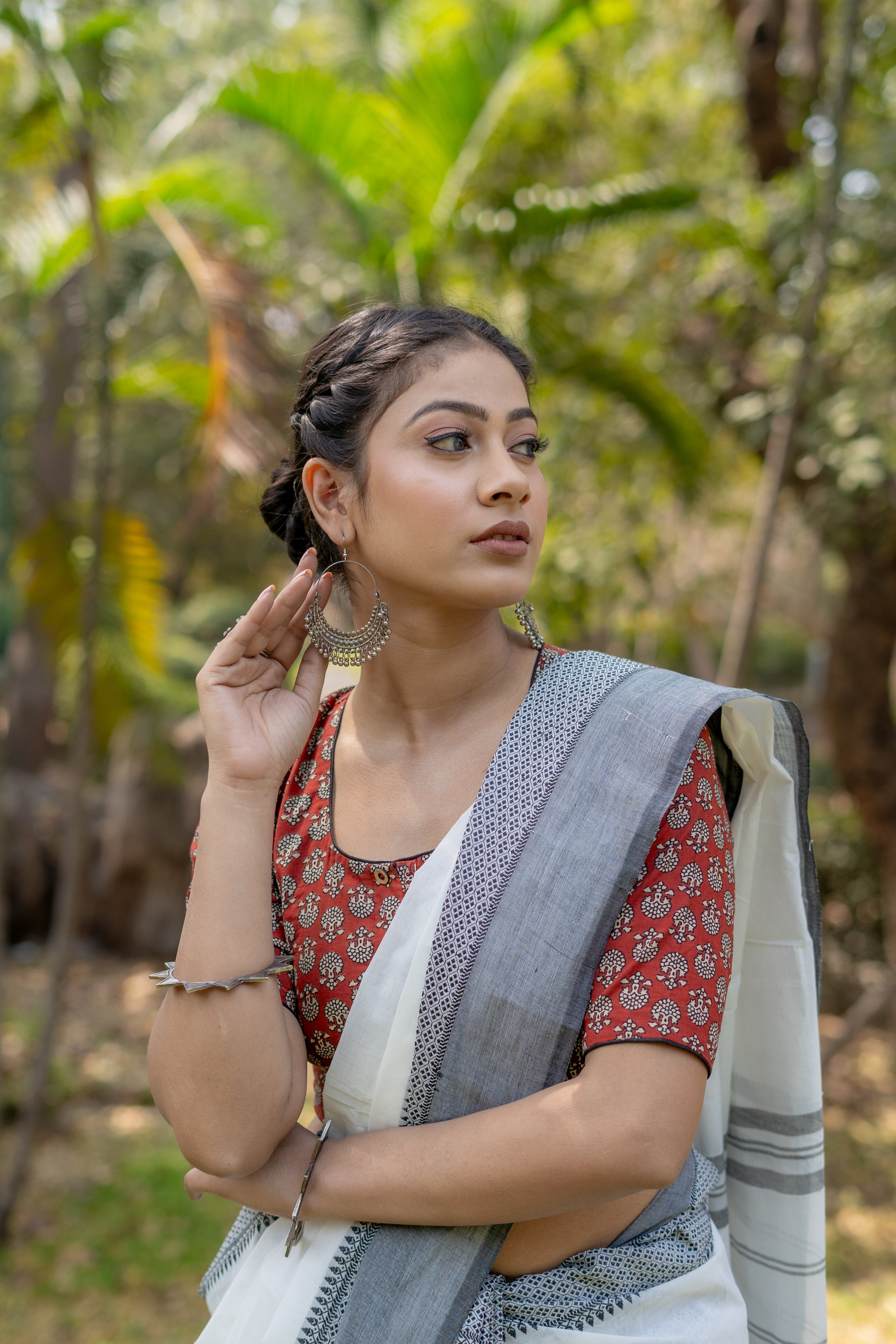 Red bagru handblock booti round neck cotton blouse with black piping