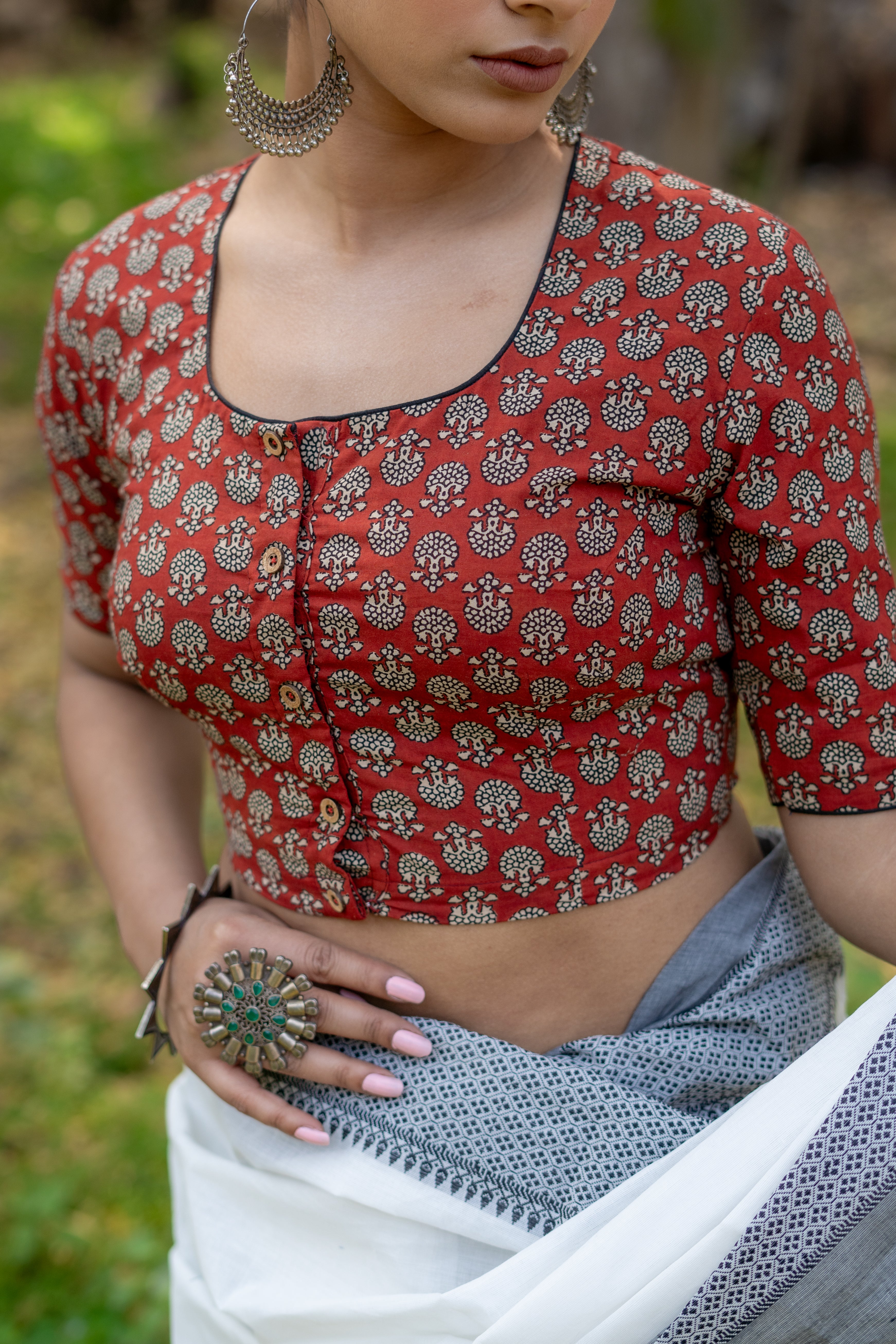 Red bagru handblock booti round neck cotton blouse with black piping