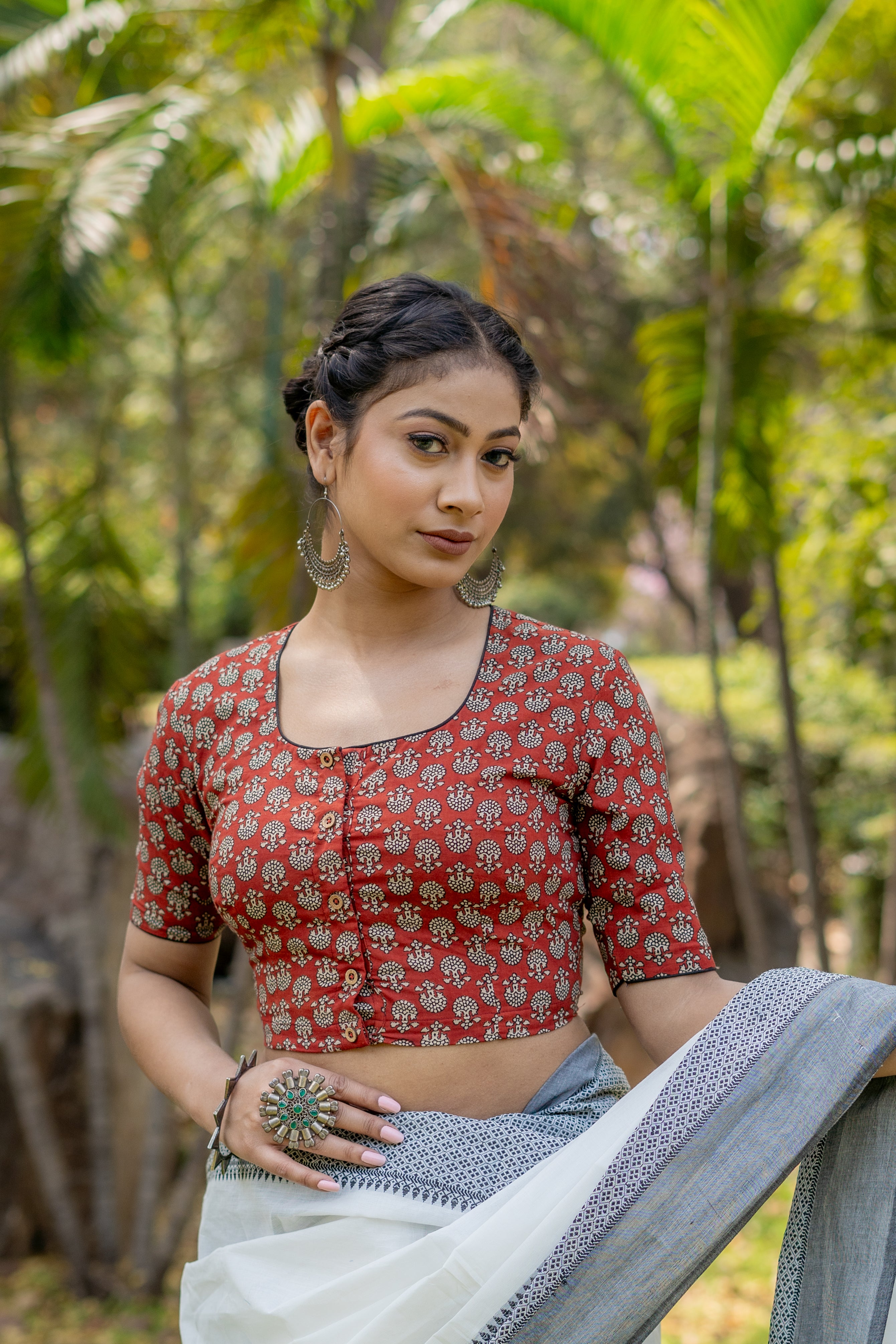 Red bagru handblock booti round neck cotton blouse with black piping