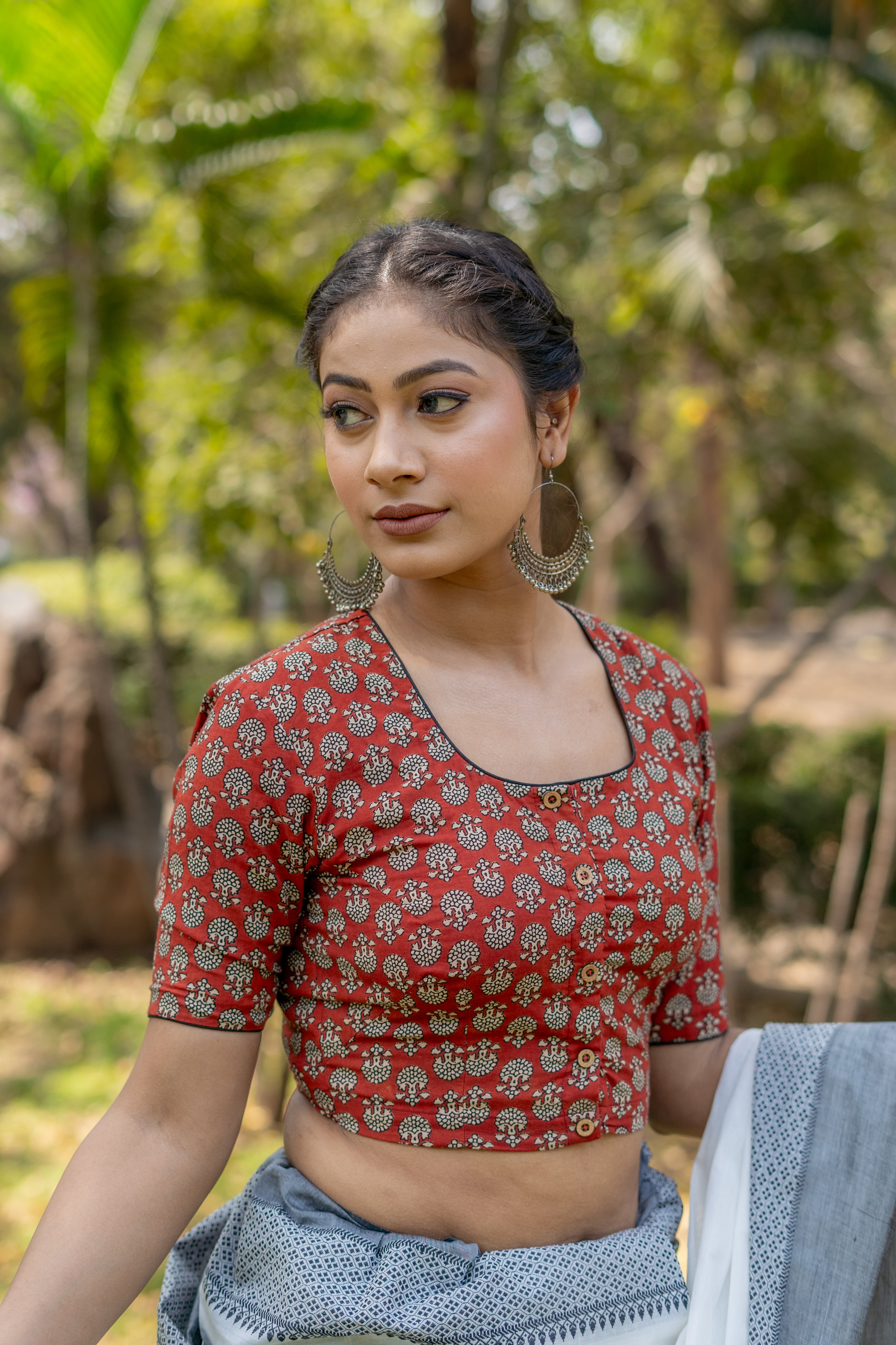 Red bagru handblock booti round neck cotton blouse with black piping
