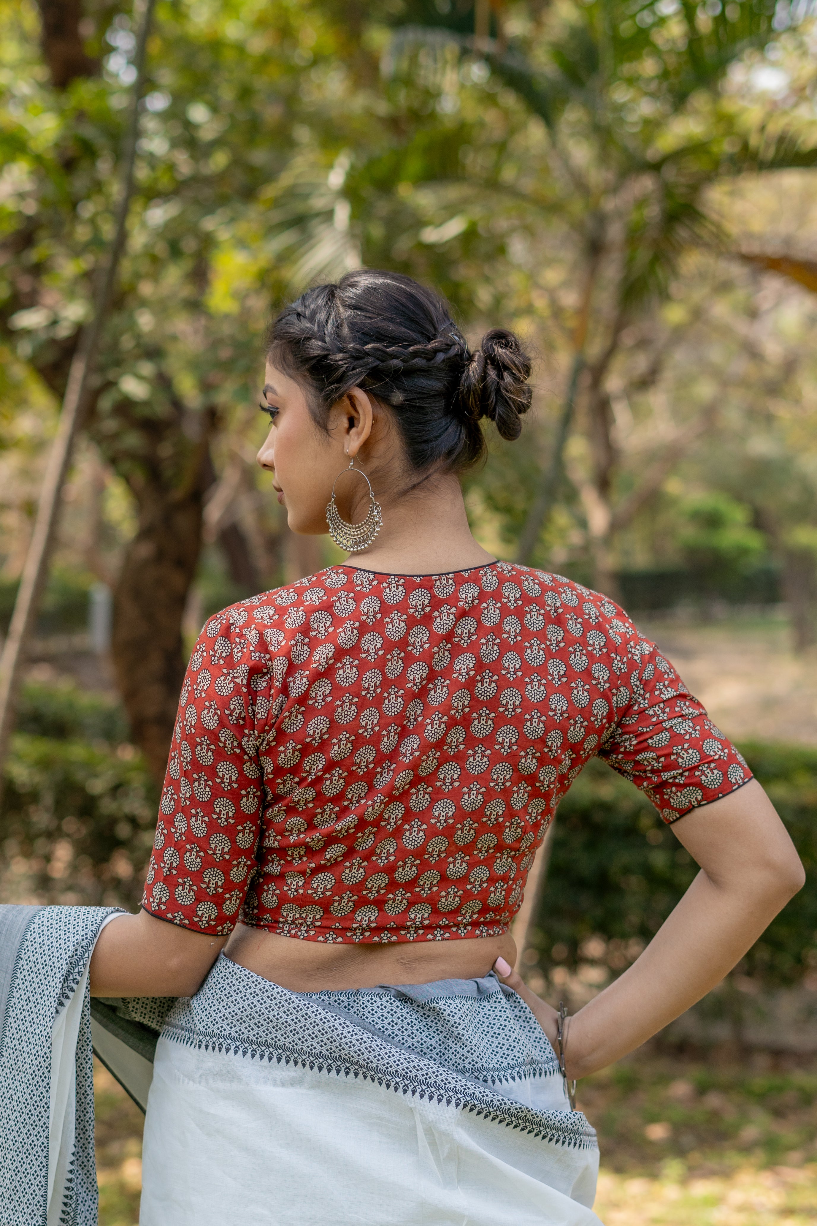 Red bagru handblock booti round neck cotton blouse with black piping