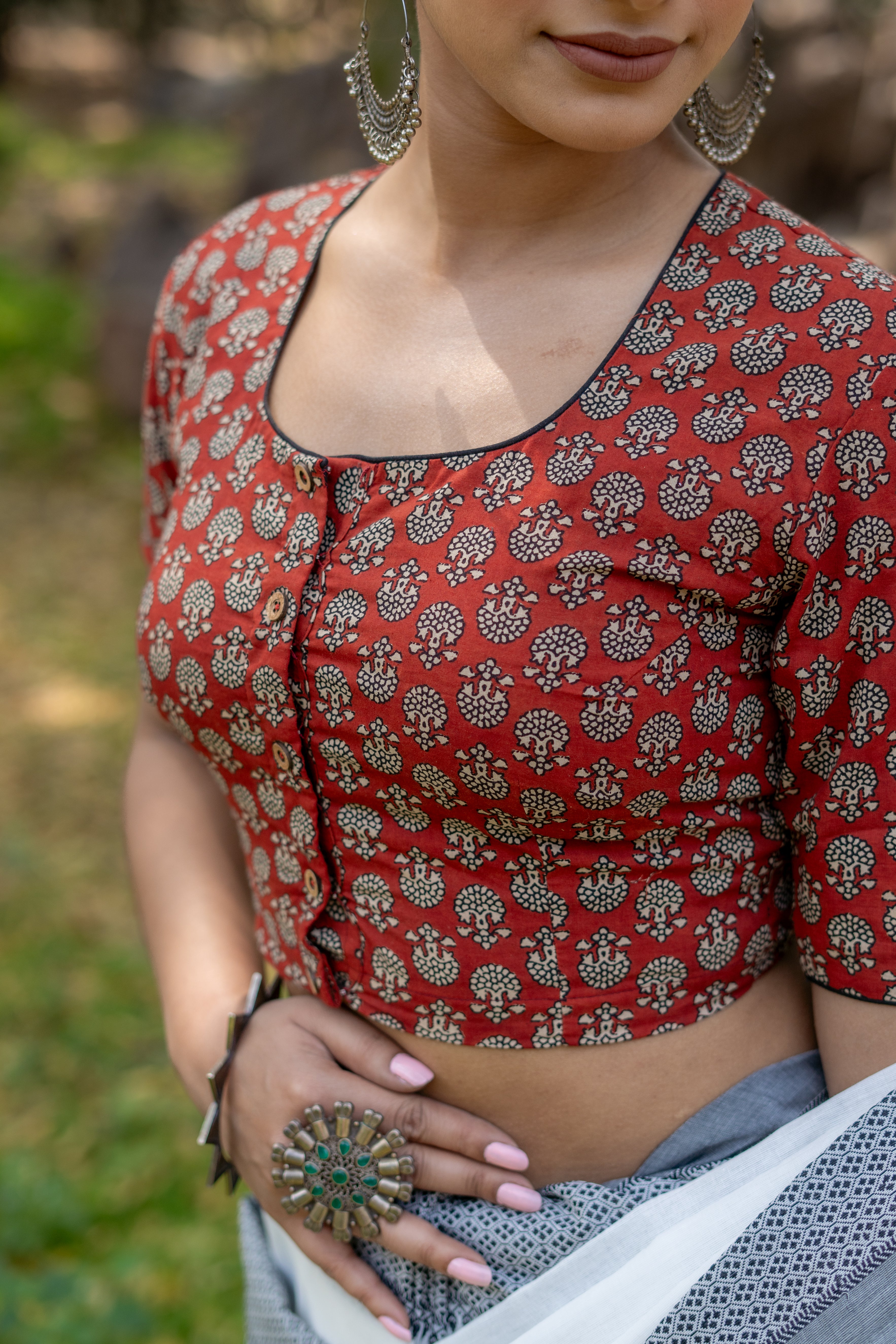 Red bagru handblock booti round neck cotton blouse with black piping